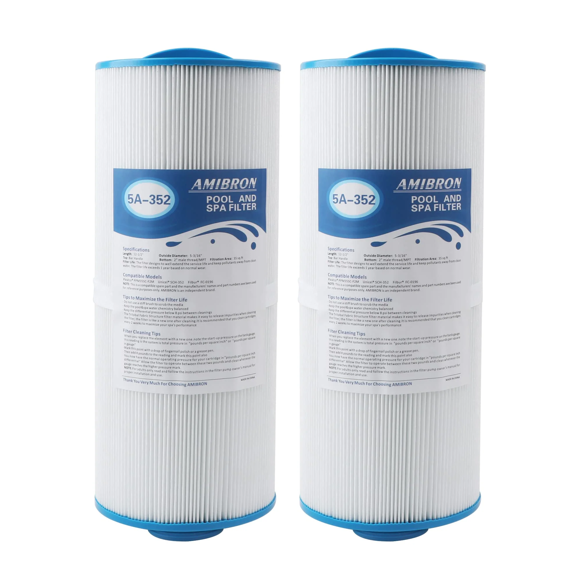 AMIBRON 5CH-352 Replaces Marquis Spa Filter, Compatible With PPM35SC-F2M,FC-0196, Marquis 35, Marquis Spa 20042, 20092, 70-0240, 370-0242, 370-0243, 2" Male Fine Thread 35 sq.ft. Hot Tub Filter 2 Pack