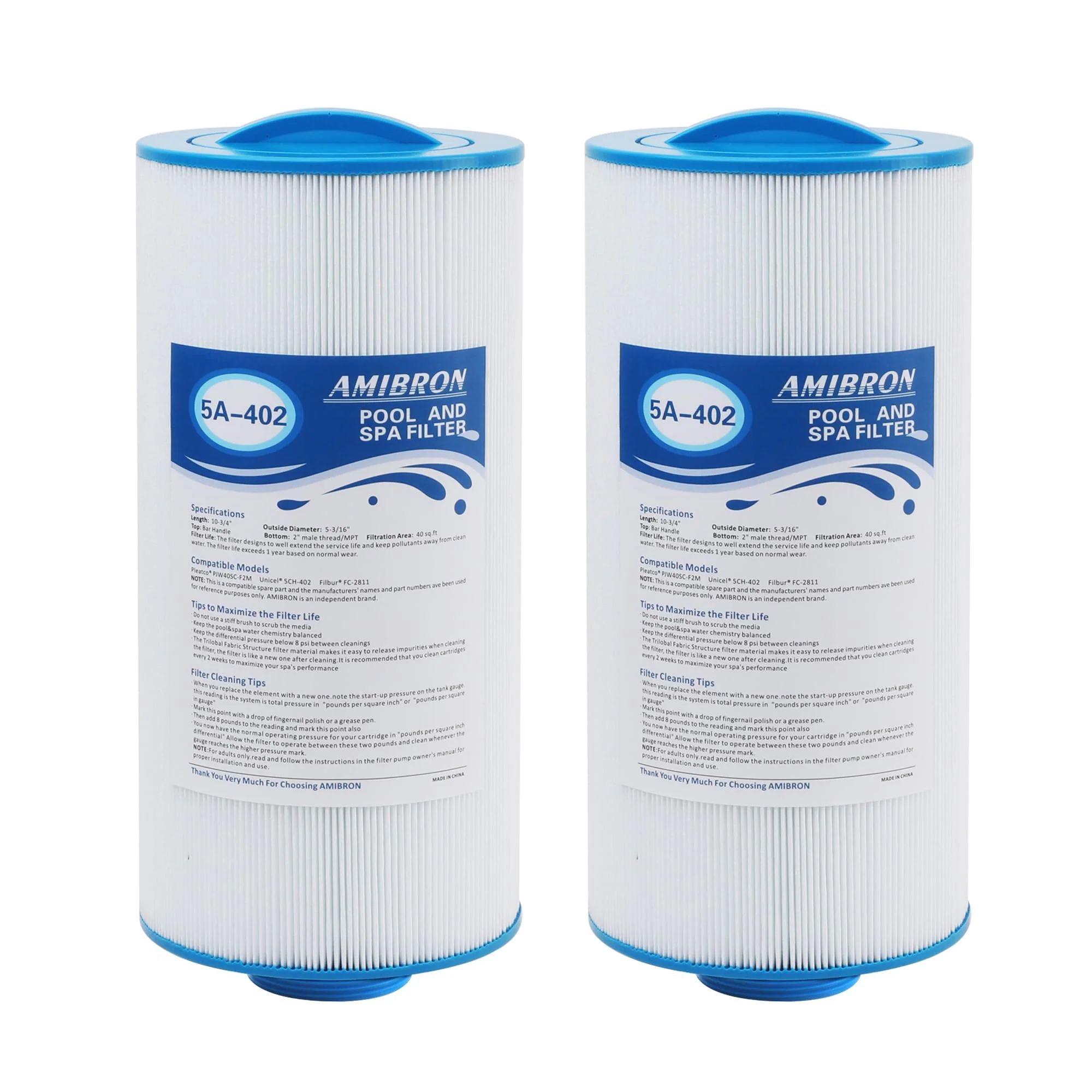 AmiBron 5CH-402 Replaces Tuff Spa Filter, Compatible with Sundance Spas 6540-723, Pleatco PJW40SC-F2M, Filbur FC-2811, Unicel 5CH-402, Del Sol Spas, 2" Male Thread/MPT 40 sq.ft. Hot Tub Filter 2 Pack