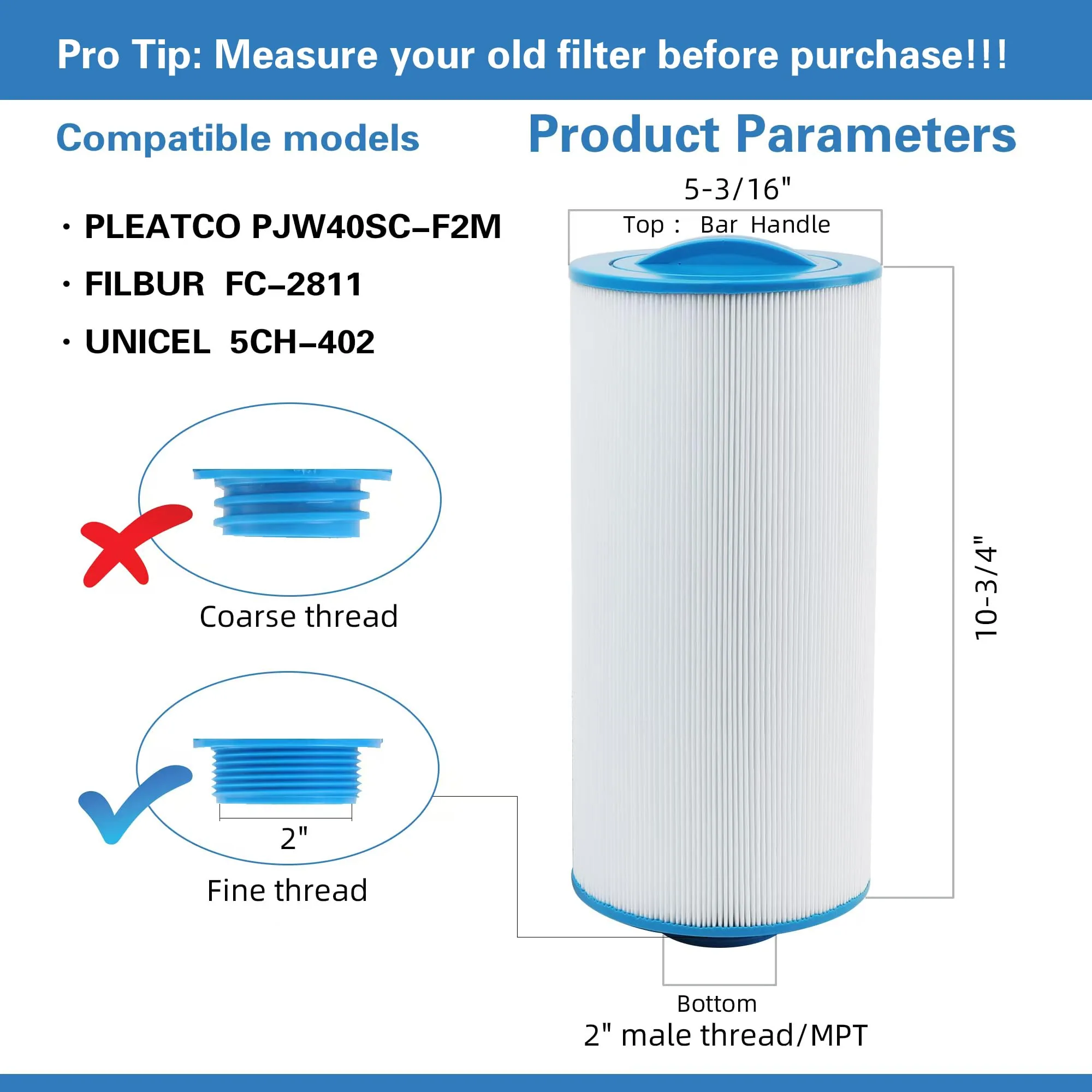 AmiBron 5CH-402 Replaces Tuff Spa Filter, Compatible with Sundance Spas 6540-723, Pleatco PJW40SC-F2M, Filbur FC-2811, Unicel 5CH-402, Del Sol Spas, 2" Male Thread/MPT 40 sq.ft. Hot Tub Filter 2 Pack - Image 7