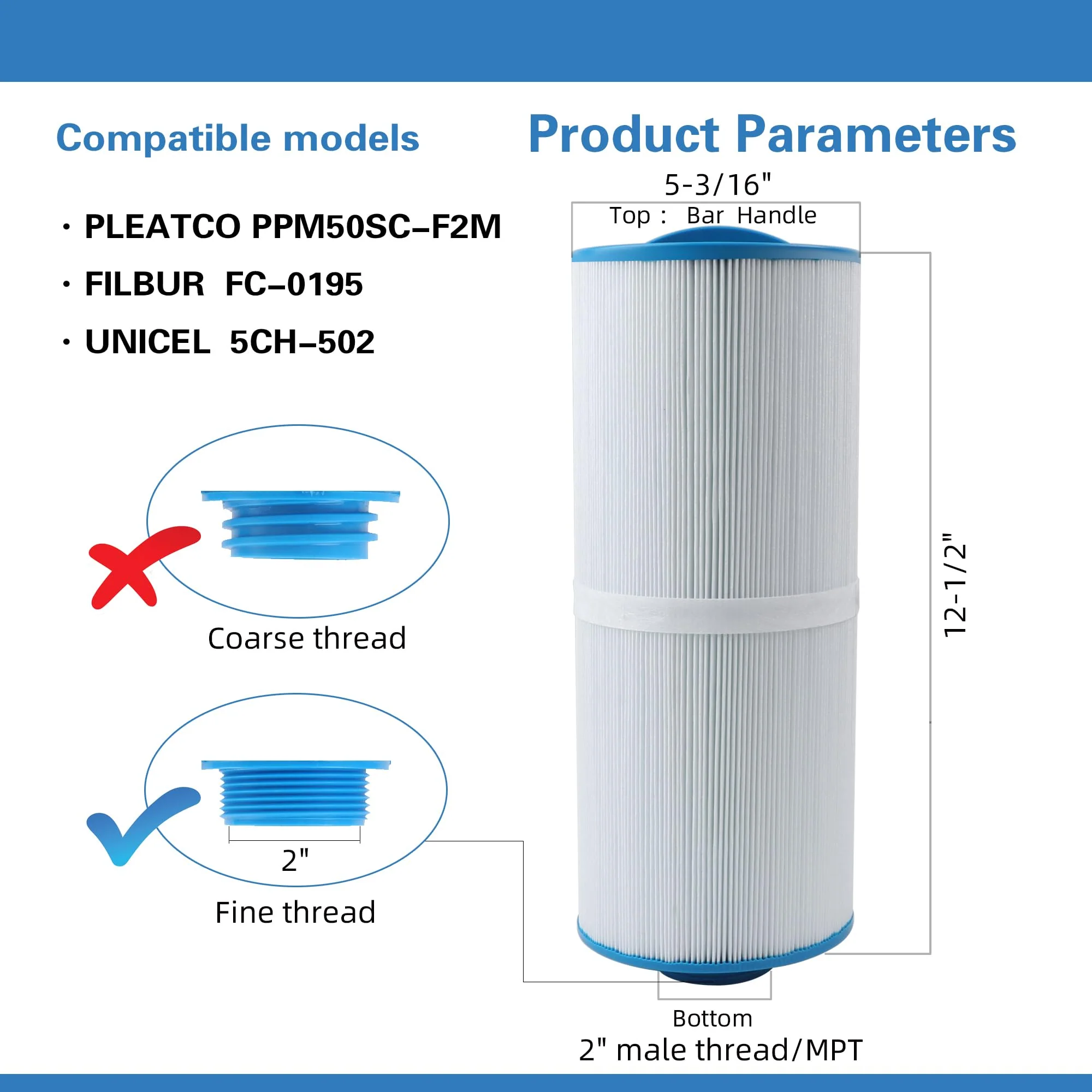 AmiBron 5CH-502 Replaces Marquis Spa Filter, Compatible with PPM50SC-F2M, FC-0195, Marqui spa 20041, 20091, 370-0237 2" Male Fine Thread 50 sq.ft. C-5303 Model Hot Tub Filter 2 Pack - Image 7
