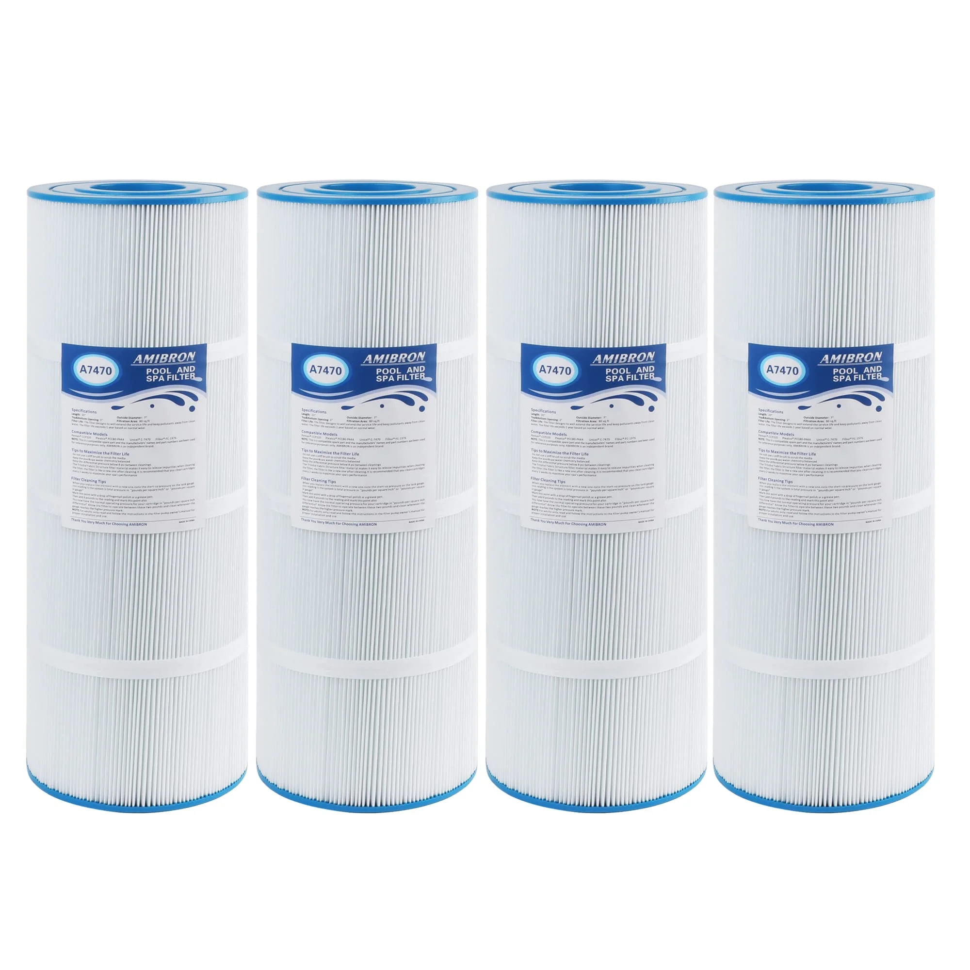 AmiBron C-7470 Pool Filter Cartridge Replaces Pentair CCP320,Pleatco PCC80-PAK4 PCC80,Clean and Clear Plus 320,Filbur FC-1976,R173573,178580, L:20" xOD:7", 4X80 sq.ft. 4 Pack