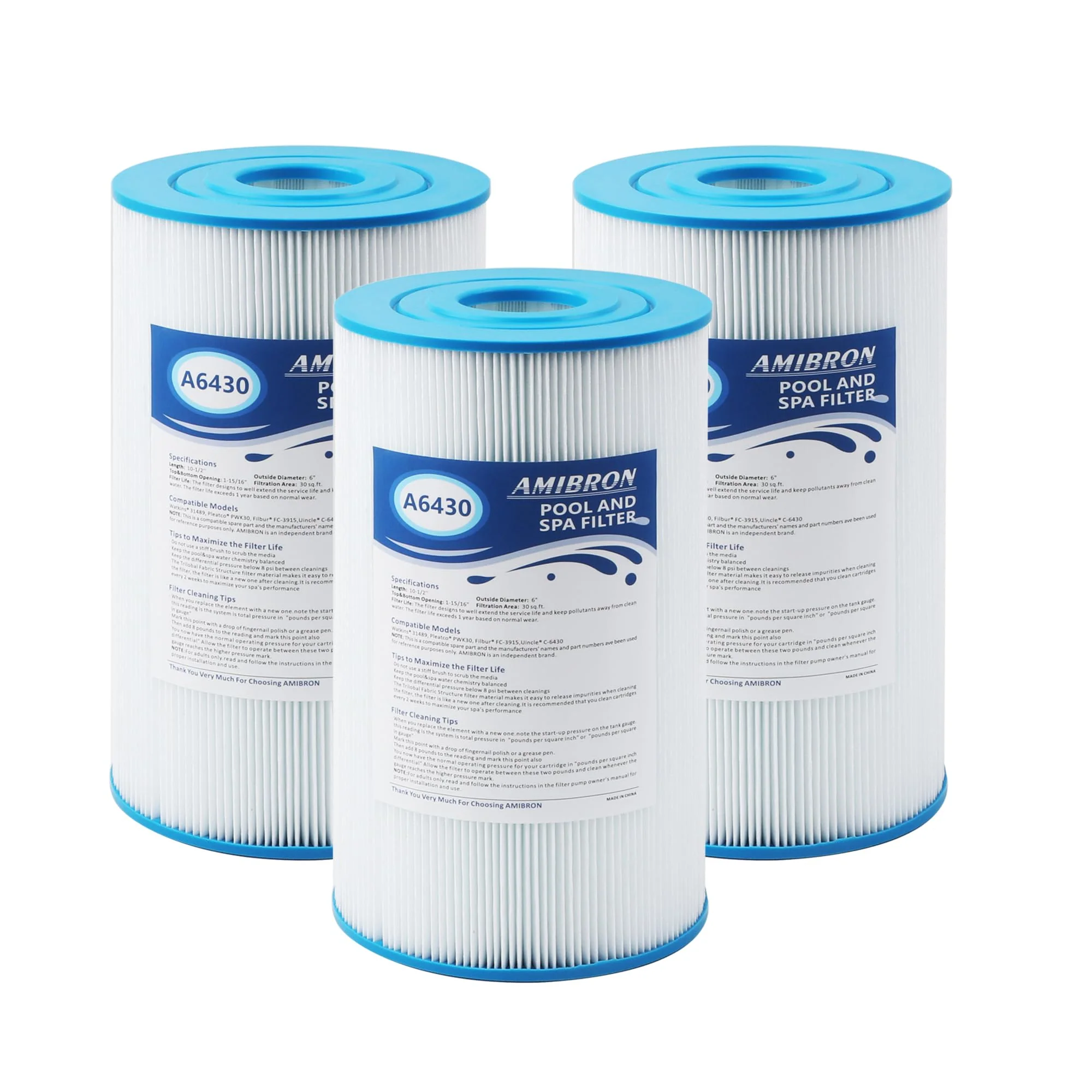AmiBron PWK30 Hot Springs Spa Filters, Compatible for Watkins 31489, Unicel C-6430, Filbur FC-3915, P/N0969601,73178, 73250, 71825, 30 sq.ft.Hot Tub Filter 3 Pack