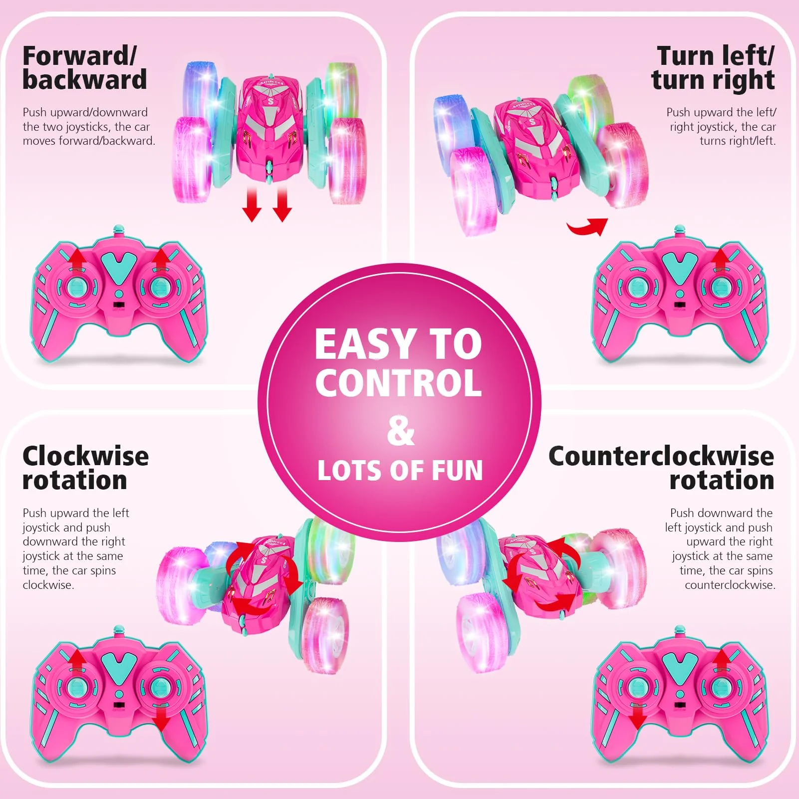 Amicool Remote Control Car for Girls 3-12 with Flashing Light, Toys 4 5 6 7 8 9 Years Old Girl Birthday Gifts Idea, RC Cars Stunt 4WD 2.4Ghz Double Sided 360° Flip, Present for Kids, Christmas, Pink - Image 2