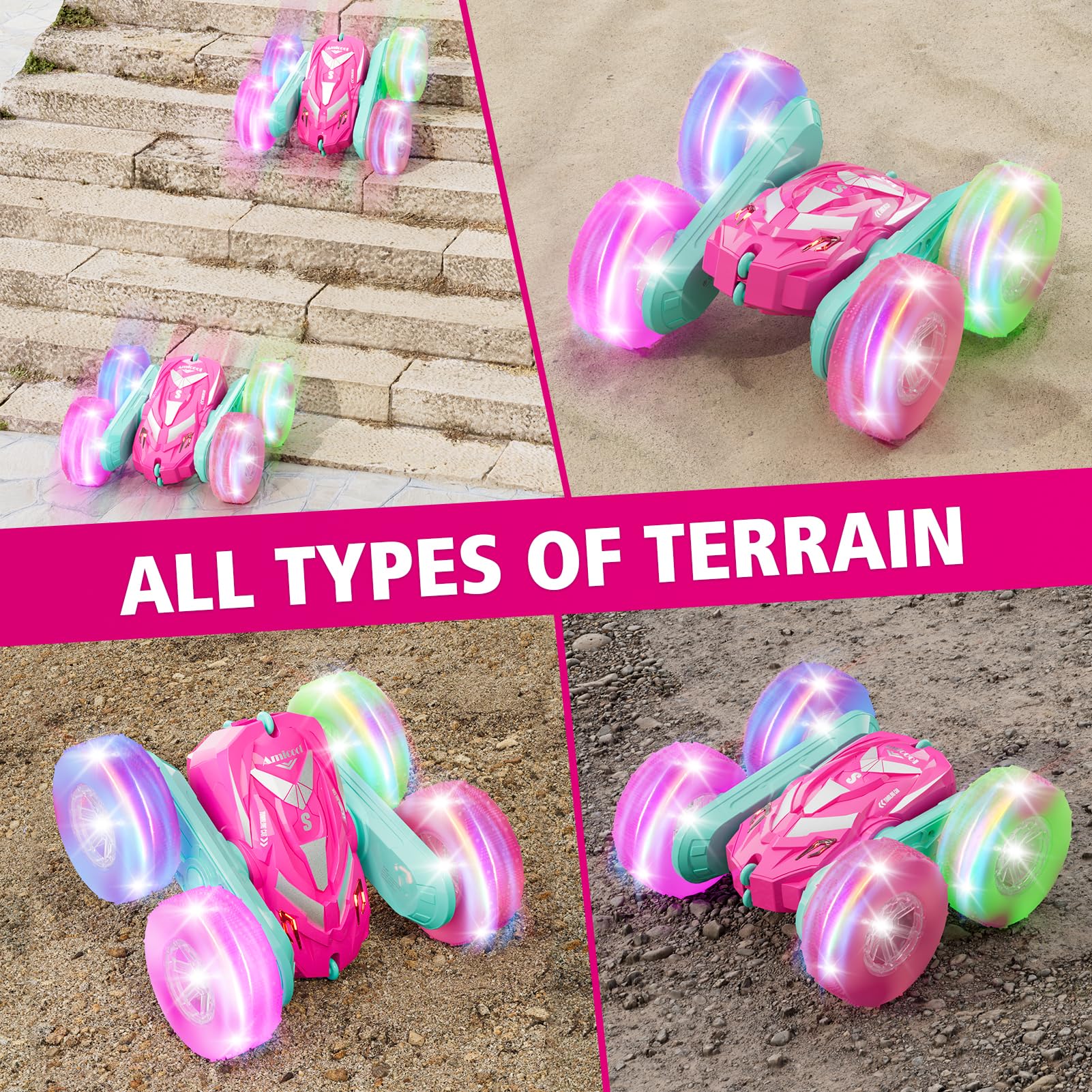 Amicool Remote Control Car for Girls 3-12 with Flashing Light, Toys 4 5 6 7 8 9 Years Old Girl Birthday Gifts Idea, RC Cars Stunt 4WD 2.4Ghz Double Sided 360° Flip, Present for Kids, Christmas, Pink - Image 4