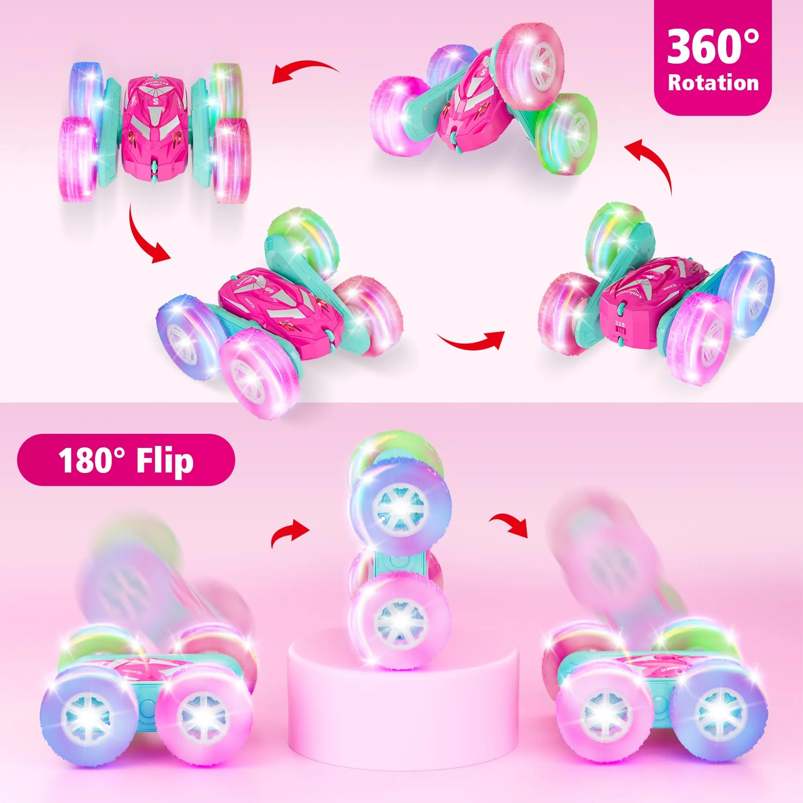 Amicool Remote Control Car for Girls 3-12 with Flashing Light, Toys 4 5 6 7 8 9 Years Old Girl Birthday Gifts Idea, RC Cars Stunt 4WD 2.4Ghz Double Sided 360° Flip, Present for Kids, Christmas, Pink - Image 6