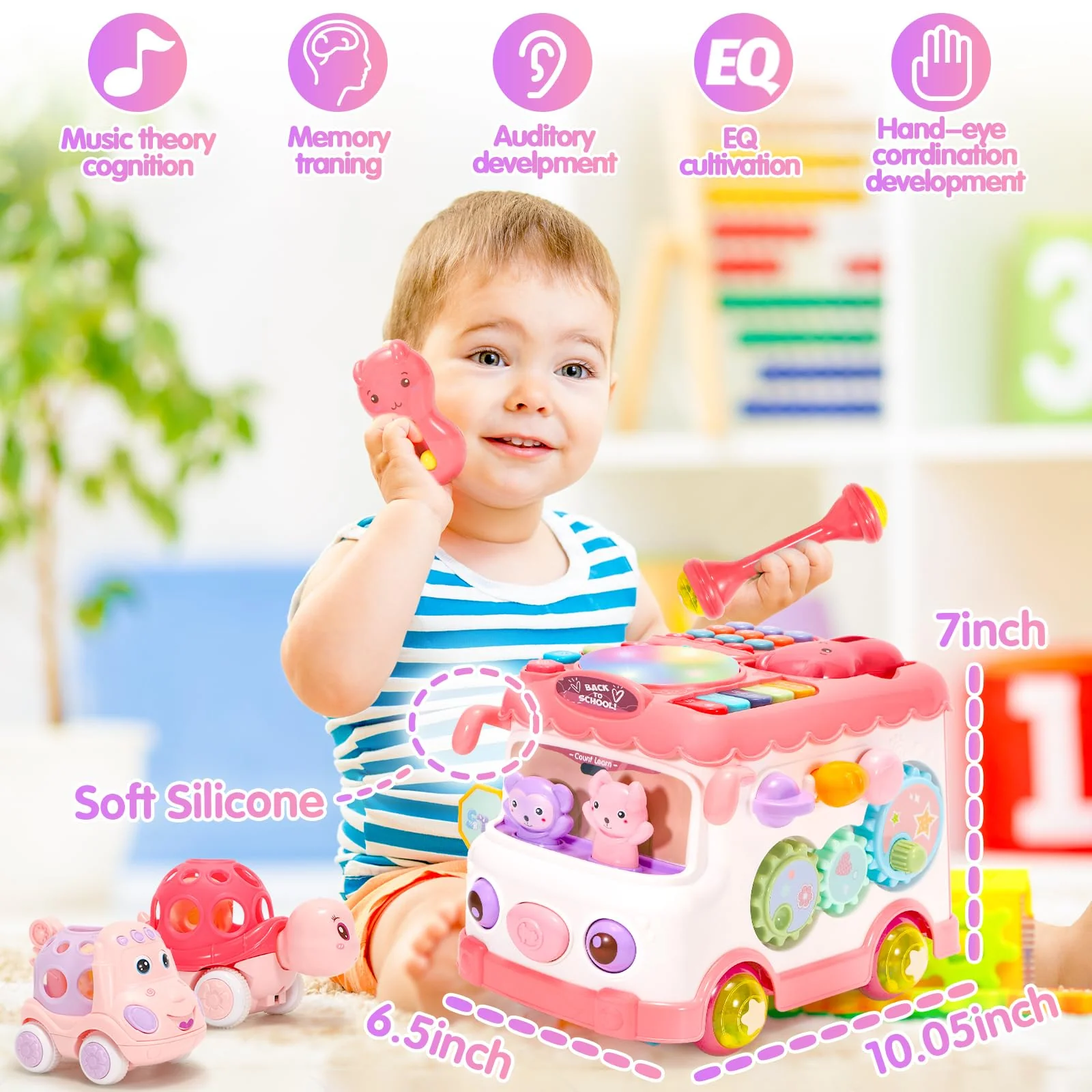 AmiDear Baby Gift for 1-2 Year Old Girl, 10-in-1 Montessori Toys Bus for Baby 6-12-18 Months+, Educational Musical Sensory Learning Toddler Toys Age 1-2, First Christmas and Birthday Gifts Pink - Image 3