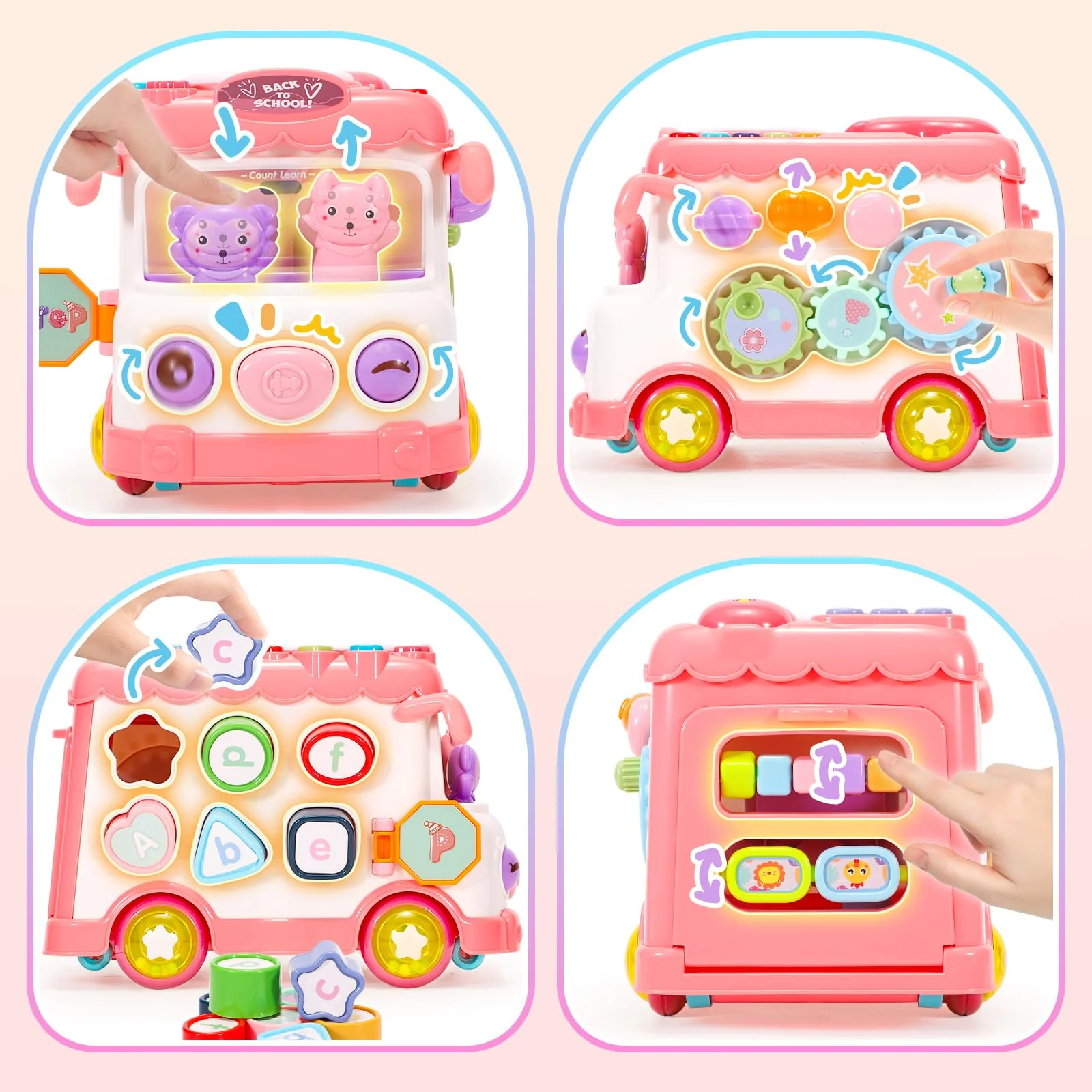 AmiDear Baby Gift for 1-2 Year Old Girl, 10-in-1 Montessori Toys Bus for Baby 6-12-18 Months+, Educational Musical Sensory Learning Toddler Toys Age 1-2, First Christmas and Birthday Gifts Pink - Image 6