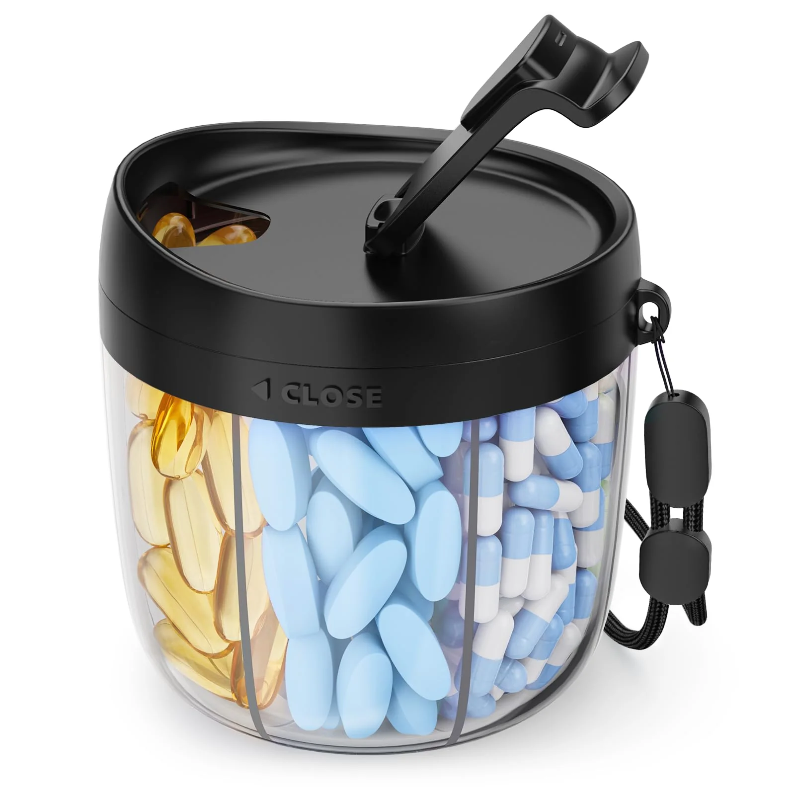 AMOOS Cute Pill Dispenser with 7 Large Compartments, Portable Pill Bottle Organizer with Wide Opening for Easy Use, Anti-Mix Pill Organizer for Travel, BPA-Free Pill Container, Black