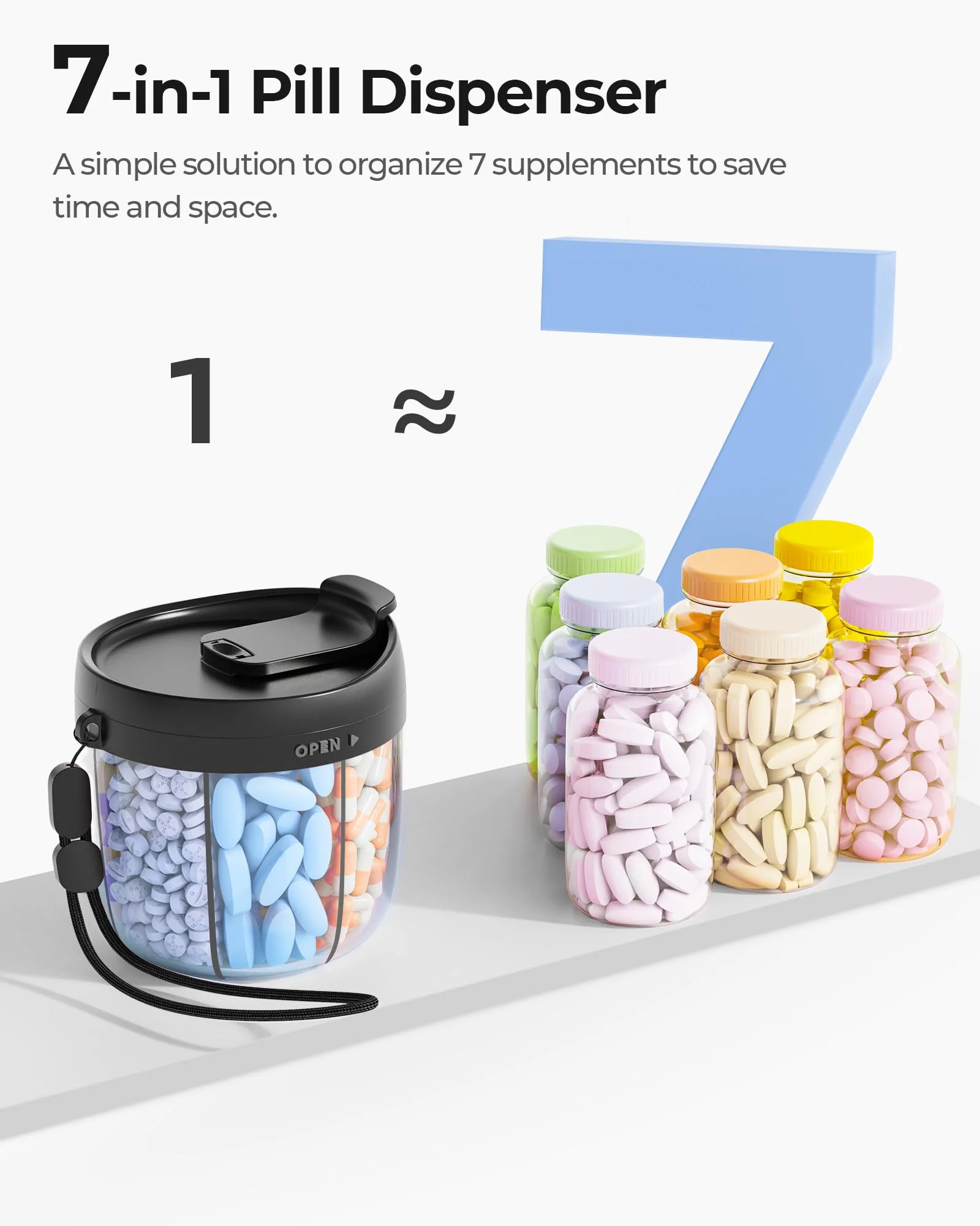 AMOOS Cute Pill Dispenser with 7 Large Compartments, Portable Pill Bottle Organizer with Wide Opening for Easy Use, Anti-Mix Pill Organizer for Travel, BPA-Free Pill Container, Black - Image 6