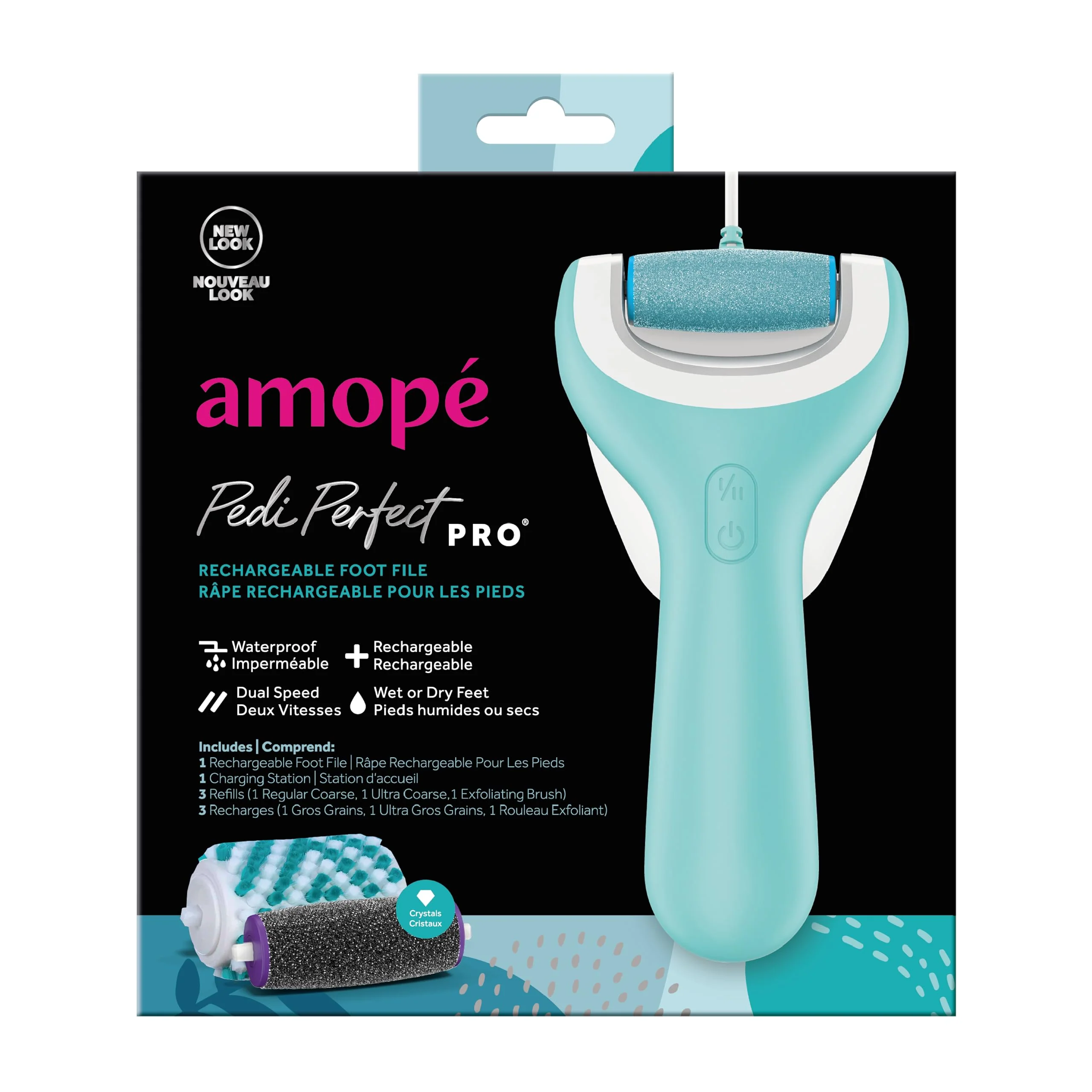 Amope Pedi Perfect Pro Wet & Dry Electric Foot File Callus Remover Kit, Waterproof, Rechargeable, Pedicure Tool for Feet, Removes Hard, Dead Skin, Feet Scrubber w/ Diamond Crystals, w/ 3 Roller Heads - Image 2
