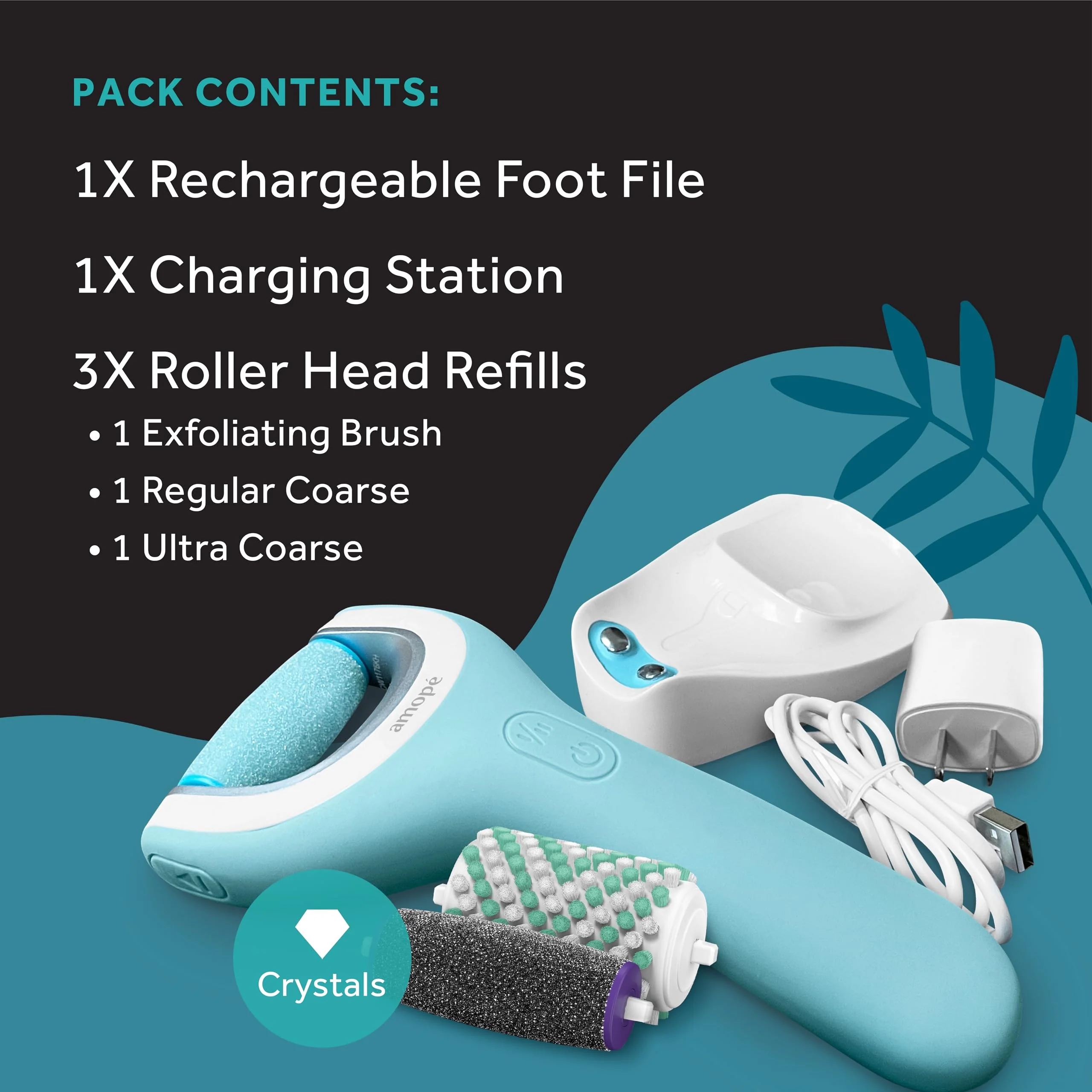 Amope Pedi Perfect Pro Wet & Dry Electric Foot File Callus Remover Kit, Waterproof, Rechargeable, Pedicure Tool for Feet, Removes Hard, Dead Skin, Feet Scrubber w/ Diamond Crystals, w/ 3 Roller Heads - Image 7