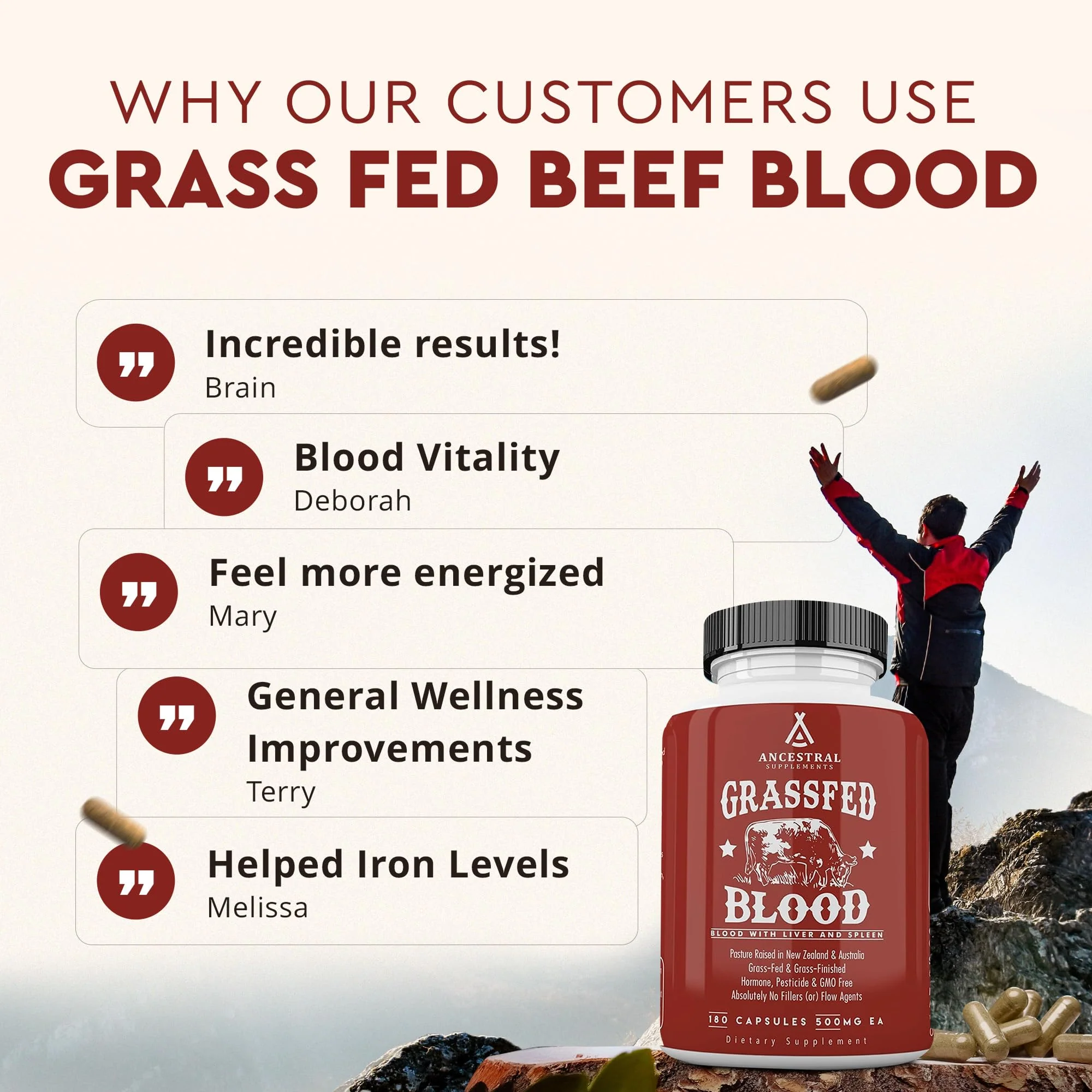 Ancestral Supplements Grass Fed Blood is Blood, Liver & Spleen Formula, 500mg, Grass Fed Beef Supplement, Red & White Blood Cell Formation, Immune and Heart Health Support, Non GMO, 180 Capsules - Image 2
