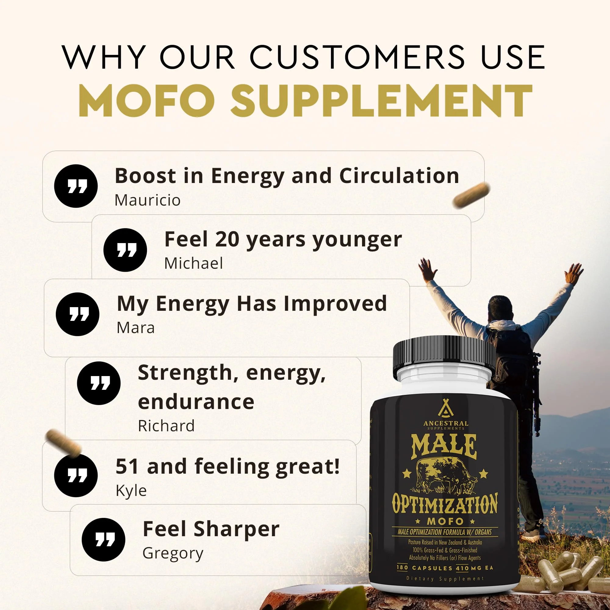 Ancestral Supplements Mofo, Supplements for Men, Support for Energy Levels and Overall Men's Health and Wellness, Non-GMO Grass Fed Beef Organ Supplement with Liver, No Fillers, 180 Capsules - Image 4