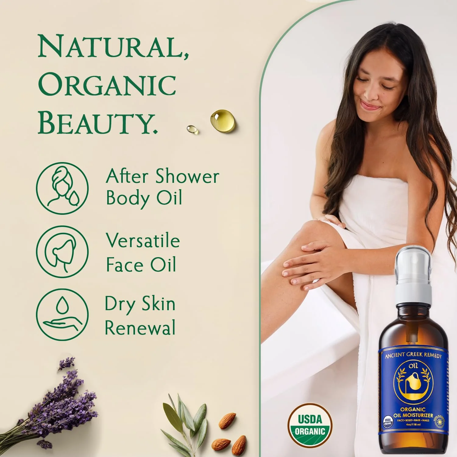 Ancient Greek Remedy Body Oil - Organic After Shower Face Oil & Body Moisturizer for Dry Skin - Almond, Jojoba, Olive, Lavender, Vitamin E Oils - Natural Clean Facial Skincare for Women & Men 4 oz - Image 7