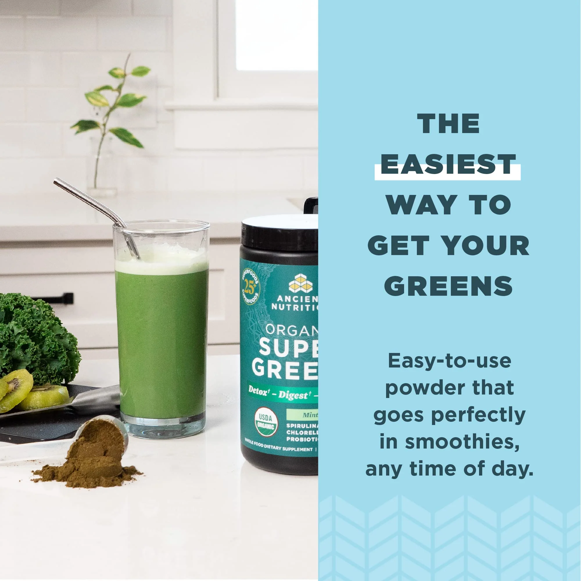 Ancient Nutrition SuperGreens Powder with Probiotics, Organic Peppermint Flavor Greens, Made from Real Fruits, Vegetables and Herbs, for Digestive and Energy Support, 25 Servings, 7.23oz - Image 4