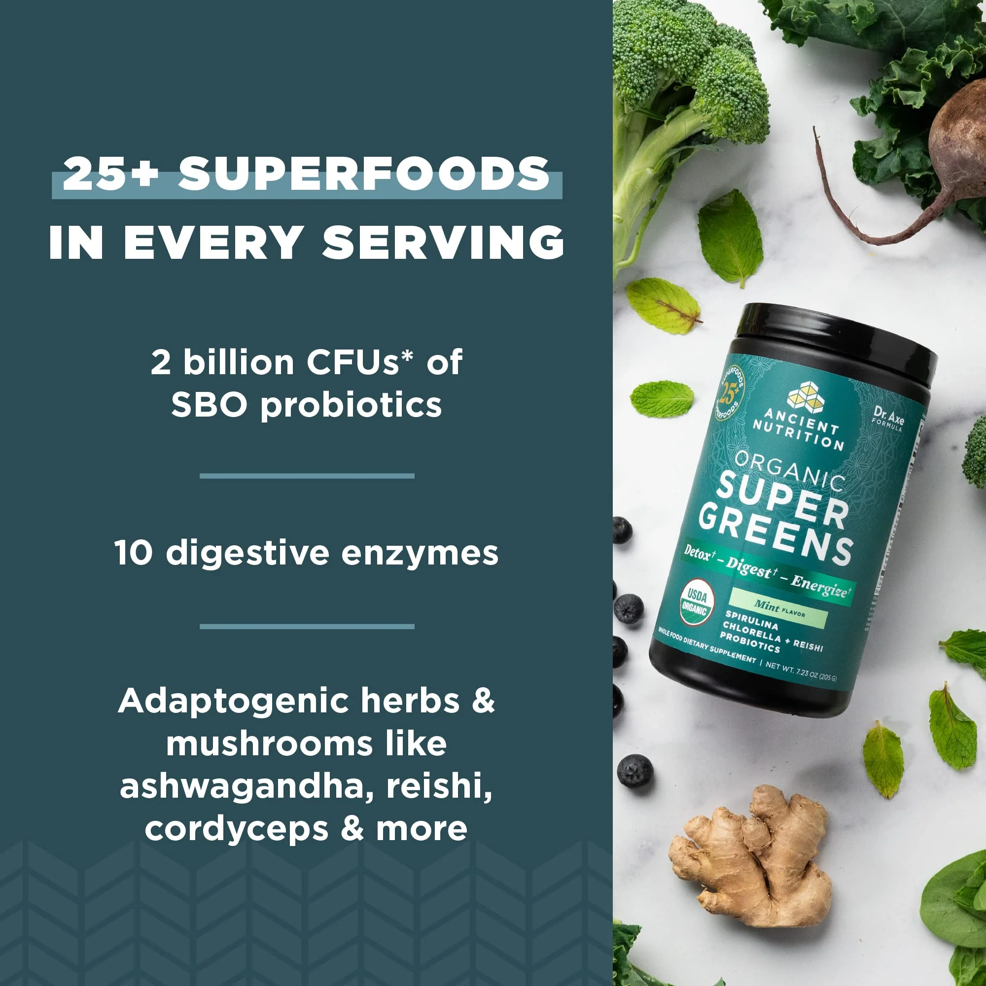 Ancient Nutrition SuperGreens Powder with Probiotics, Organic Peppermint Flavor Greens, Made from Real Fruits, Vegetables and Herbs, for Digestive and Energy Support, 25 Servings, 7.23oz - Image 5