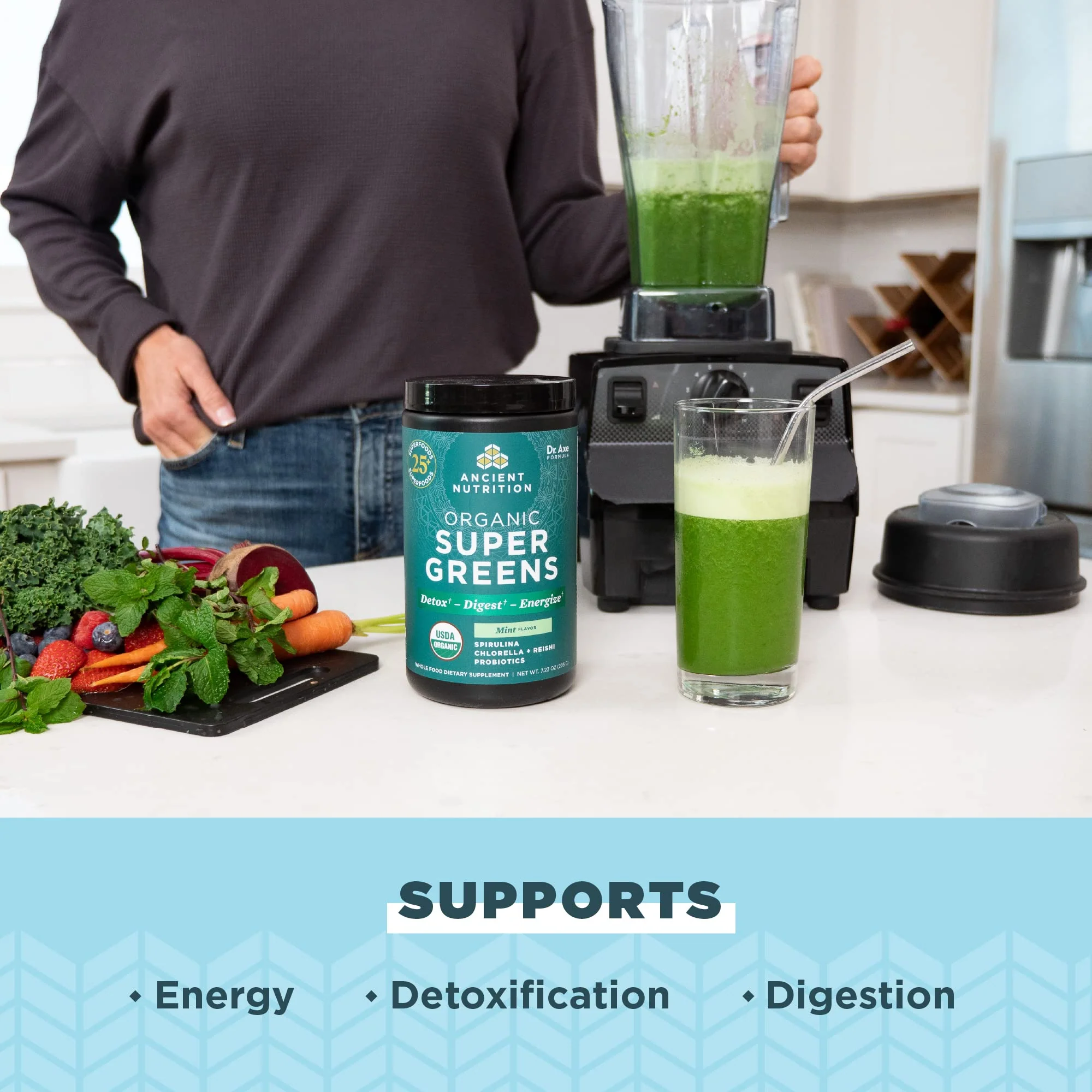Ancient Nutrition SuperGreens Powder with Probiotics, Organic Peppermint Flavor Greens, Made from Real Fruits, Vegetables and Herbs, for Digestive and Energy Support, 25 Servings, 7.23oz - Image 6