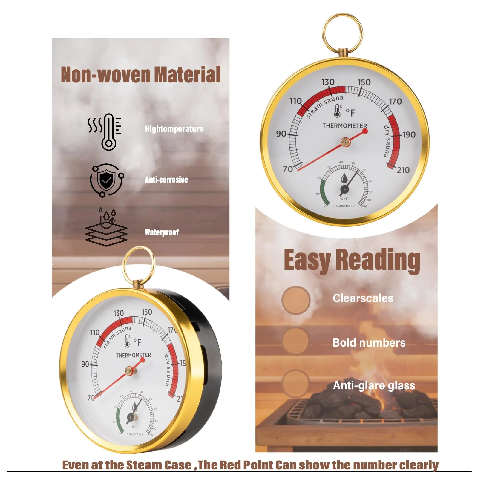 Andelov Sauna Thermometer and Hygrometer (Fahrenheit) with Lanyard Mount, Portable Temperature & Humidity Monitor for Steam Sauna Box, Infrared/Indoor/Home Sauna Accessories - Image 2
