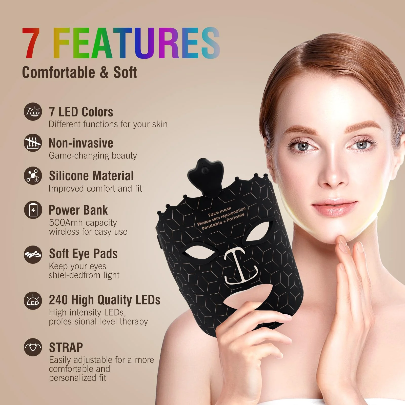 ANGAUSS 7 Color Red Light Therapy Mask, Wireless LED Face Mask Light Therapy with Eye Protection Cushion, Lightweight Soft Silicone Red Light Therapy for Face for Wrinkle Reduction Anti Aging - Image 2
