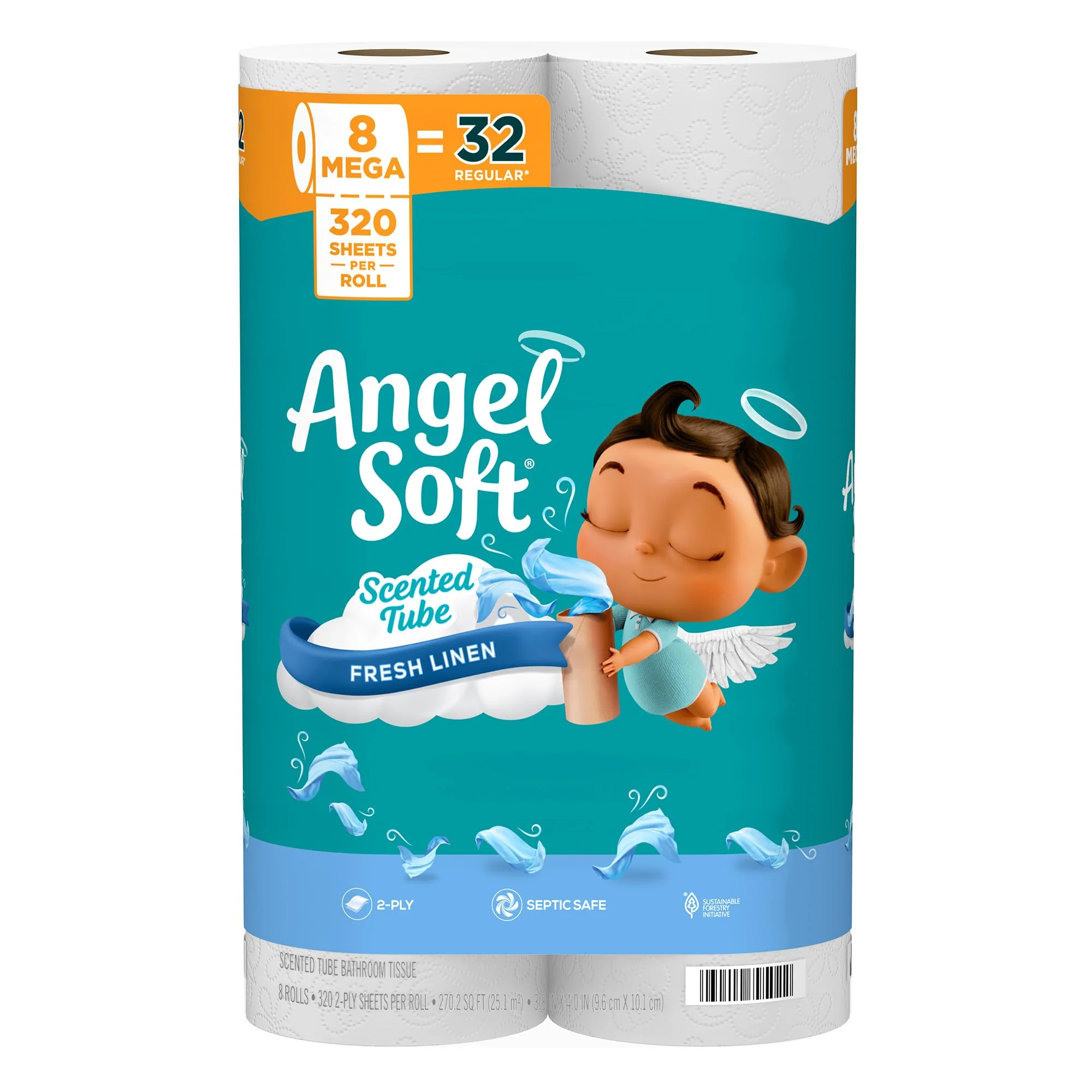 Angel Soft Toilet Paper with Fresh Linen Scented Tube, 8 Mega Rolls = 32 Regular Rolls, Soft and Strong Toilet Tissue