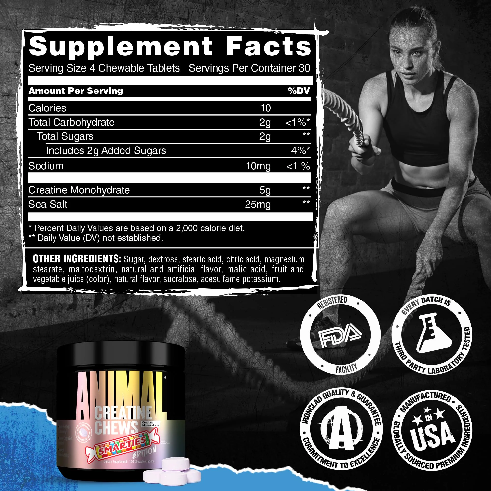 Animal Creatine Chews x Smarties Edition - 5g Creatine Monohydrate for Strength, Power, & Training Recovery Support with Sea Salt, Convenient Chewable Creatine Supplement for Men & Women - 120 Tablets - Image 5