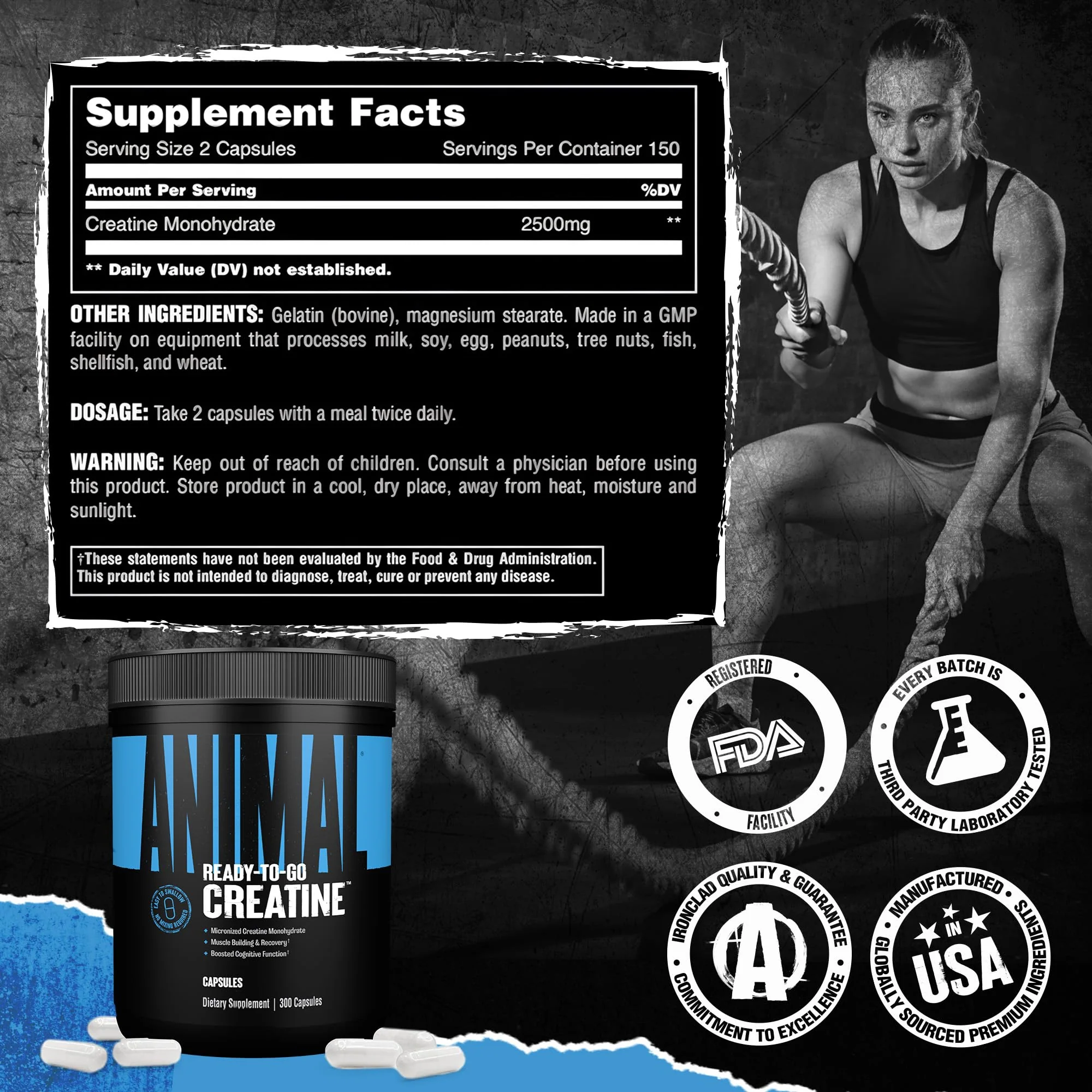 Animal Micronized Creatine Monohydrate Capsules - 300 Caps, 2500mg per Serving to Support Muscle Growth, Endurance, ATP Production, Cognitive Function, Strength, Recovery, and Delay Muscle Fatigue - Image 7