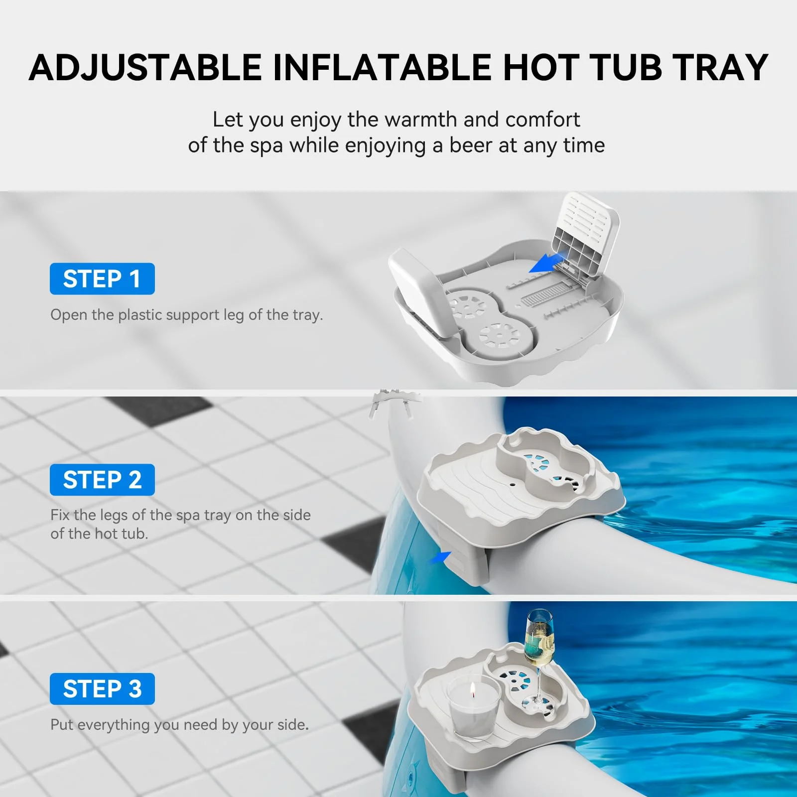 Anivia Hot Tub Table Tray, Adjustable Width 4.3" to 7.7" Hot Tub Accessories for Intex PureSpa, Nonslip Caddy Holds 2 Drinks, Keep Snacks-Drinks Handy and Dry, Fits Outdoor Inflatable Spa/Pool(Beige) - Image 3