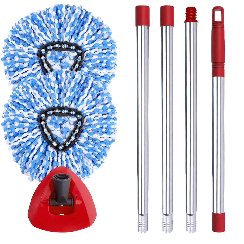 ANREKEYH Spin Mop Head, Base, Handle Replacement for O-ceda EasyWring RinseClean Microfiber Spin Mops, 2 Microfiber Mop Refills, 1 Triangle Head Cover and 30-58in Handle (Blue (2-Tank System))