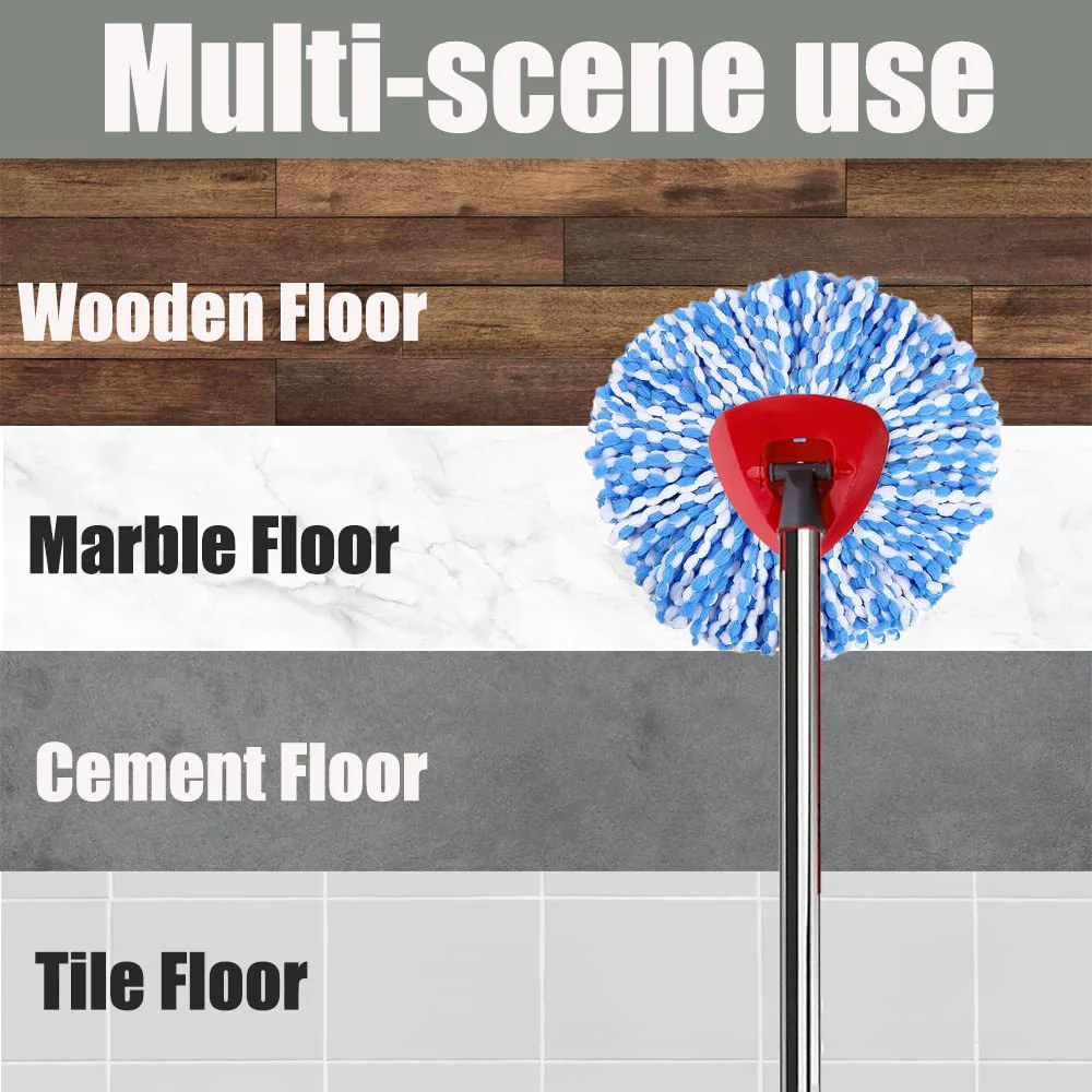 ANREKEYH Spin Mop Head, Base, Handle Replacement for O-ceda EasyWring RinseClean Microfiber Spin Mops, 2 Microfiber Mop Refills, 1 Triangle Head Cover and 30-58in Handle (Blue (2-Tank System)) - Image 3
