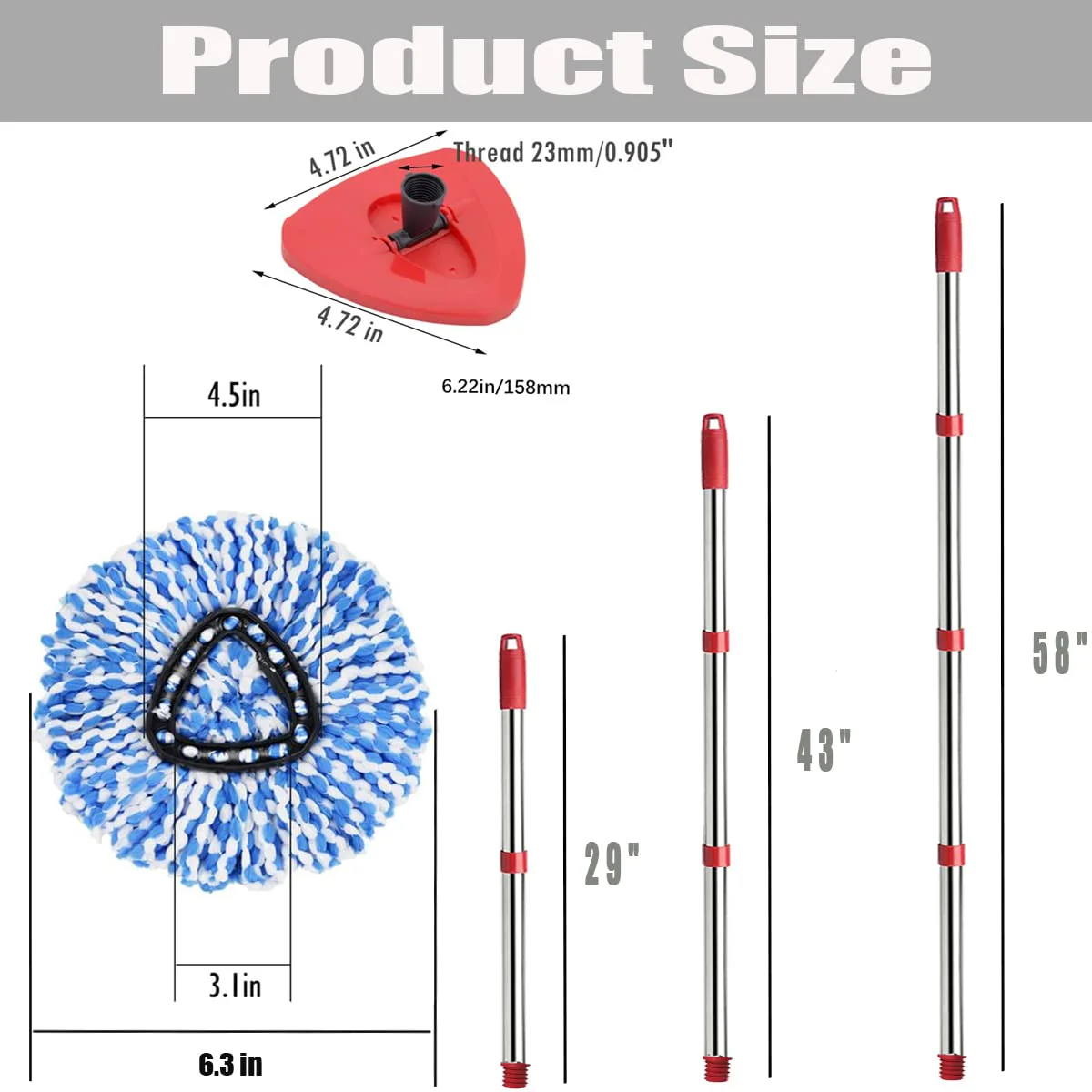 ANREKEYH Spin Mop Head, Base, Handle Replacement for O-ceda EasyWring RinseClean Microfiber Spin Mops, 2 Microfiber Mop Refills, 1 Triangle Head Cover and 30-58in Handle (Blue (2-Tank System)) - Image 5