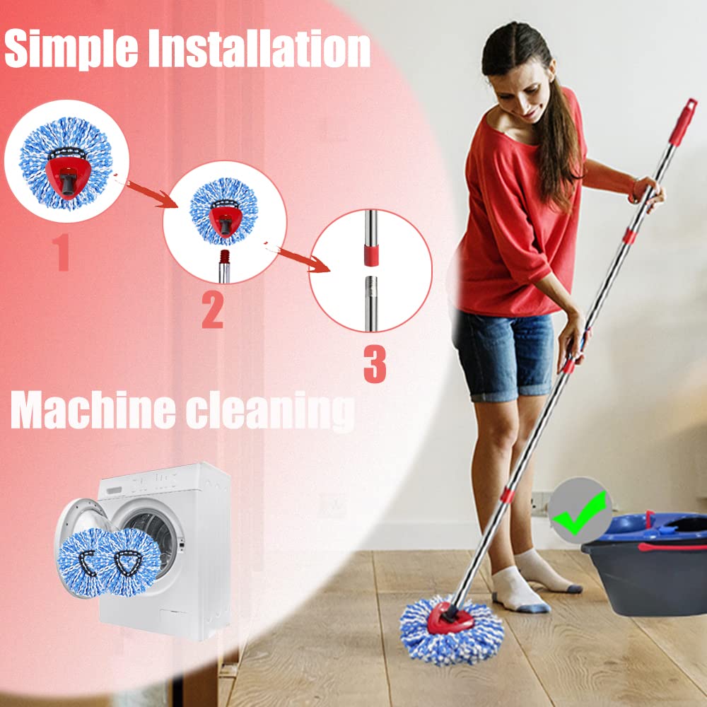 ANREKEYH Spin Mop Head, Base, Handle Replacement for O-ceda EasyWring RinseClean Microfiber Spin Mops, 2 Microfiber Mop Refills, 1 Triangle Head Cover and 30-58in Handle (Blue (2-Tank System)) - Image 6