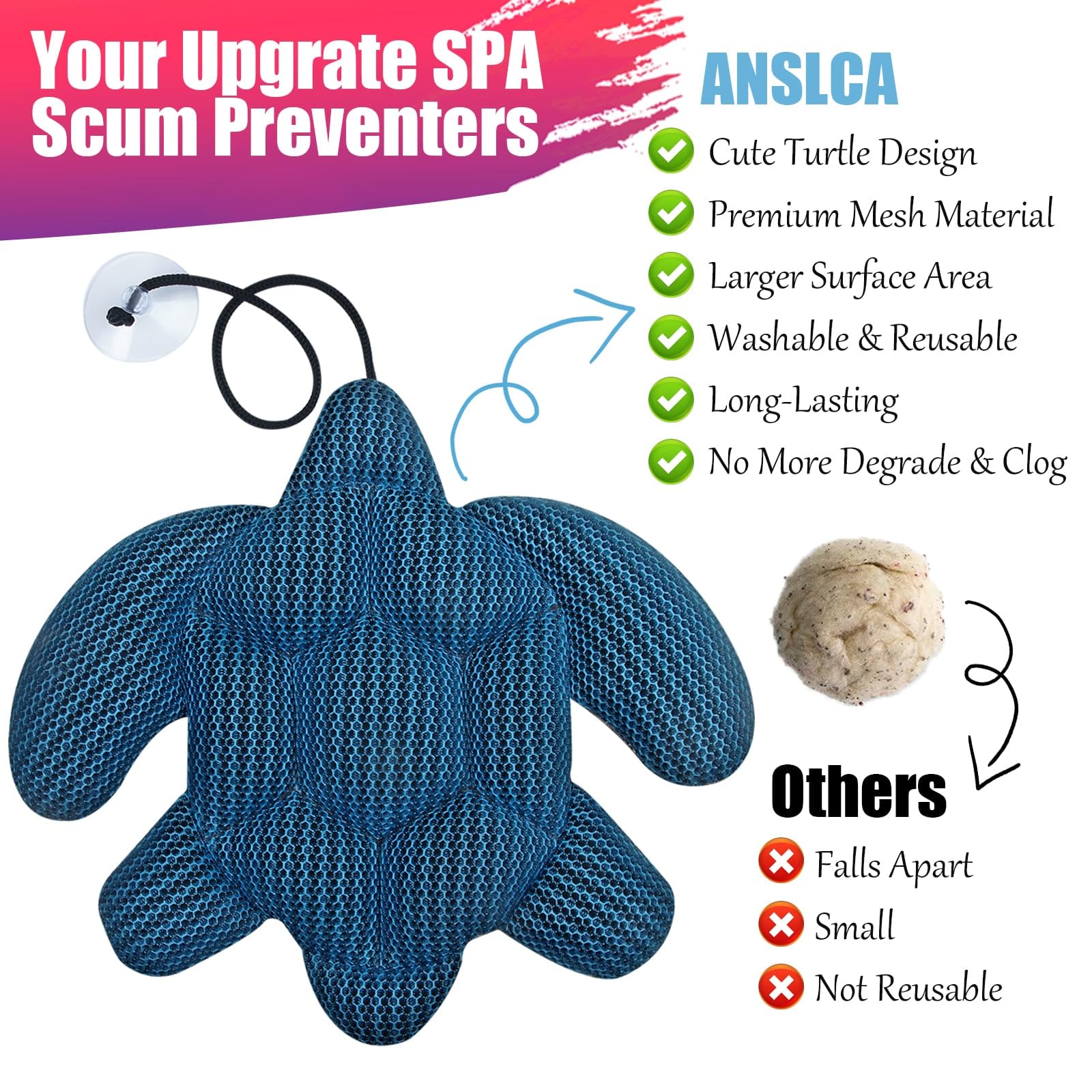 ANSLCA 2 Pack Hot Tub Scum Absorber for Spa Hot Tub Cleaner, Oversized 3XL-Scum Turtle Hot Tub Cleaner Hot Tub Sponges - Must Have Hot Tub Accessories - Keeps Your Spa Hot Tub Water Clean and Clear - Image 3