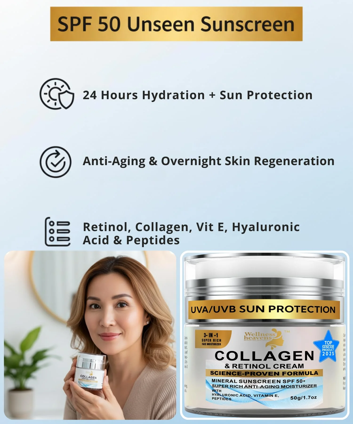 Anti-Aging Face Moisturizer for Face, Face Moisturizer with SPF, Collagen, Retinol, Hyaluronic Acid Cream, Age-Defying, Lift & Firm Cream, Sunscreen for Face, Lotion, Great for Dry, Aging Skin 1.7oz - Image 2
