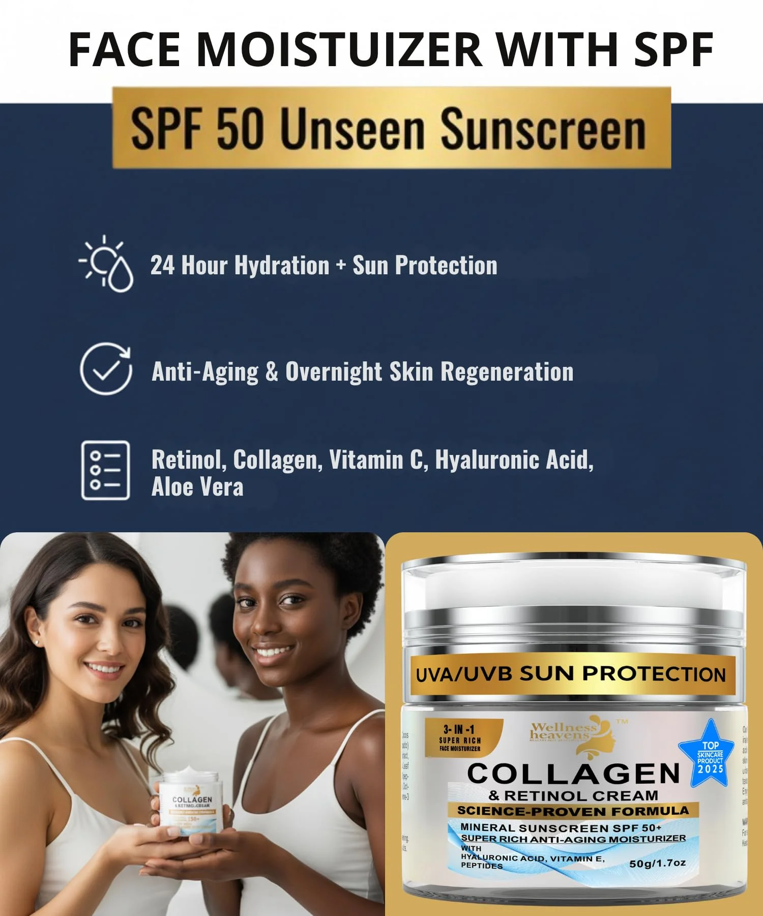 Anti-Aging Face Moisturizer for Face, Face Moisturizer with SPF, Collagen, Retinol, Hyaluronic Acid Cream, Age-Defying, Lift & Firm Cream, Sunscreen for Face, Lotion, Great for Dry, Aging Skin 1.7oz - Image 5