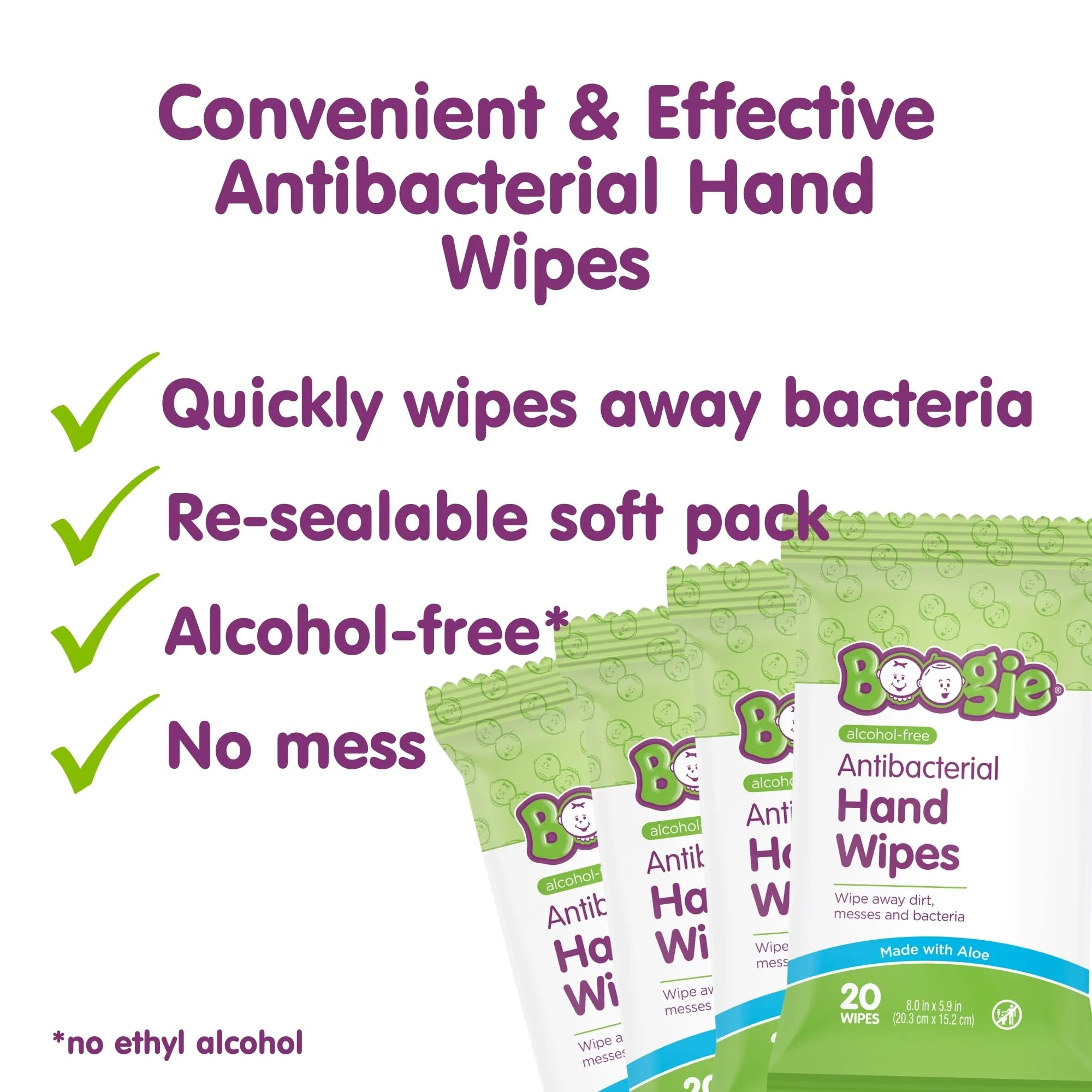 Antibacterial Hand Wipes by Boogie, Alcohol Free, Hypoallergenic and Moisturizing Aloe, Hand Wipes for Kids and Adults, 6 Packs of 20 (120 total wipes) - Image 7