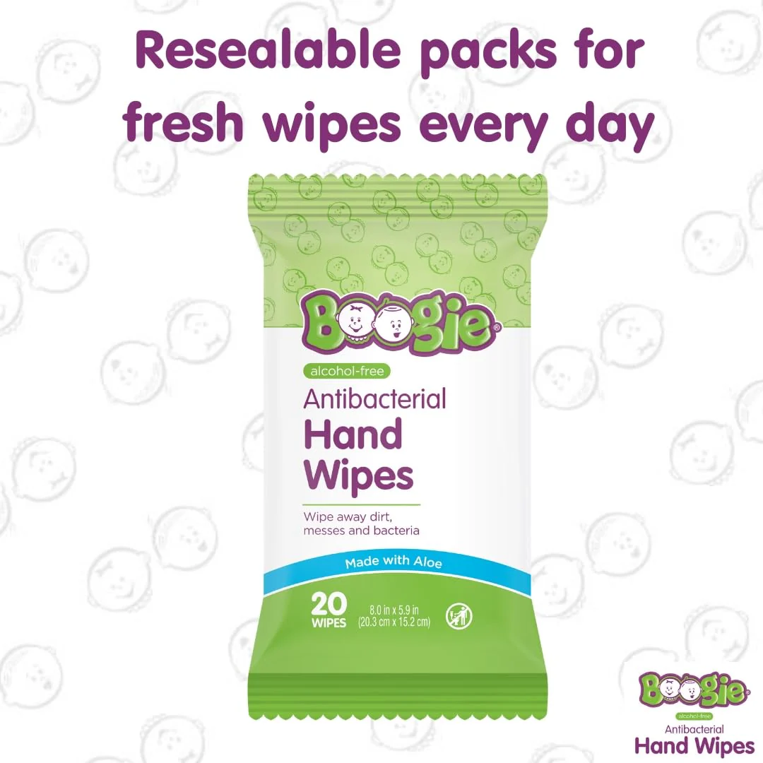 Antibacterial Hand Wipes by Boogie, Alcohol Free, Hypoallergenic and Moisturizing Aloe, Hand Wipes for Kids and Adults, 6 Packs of 20 (120 total wipes) - Image 9