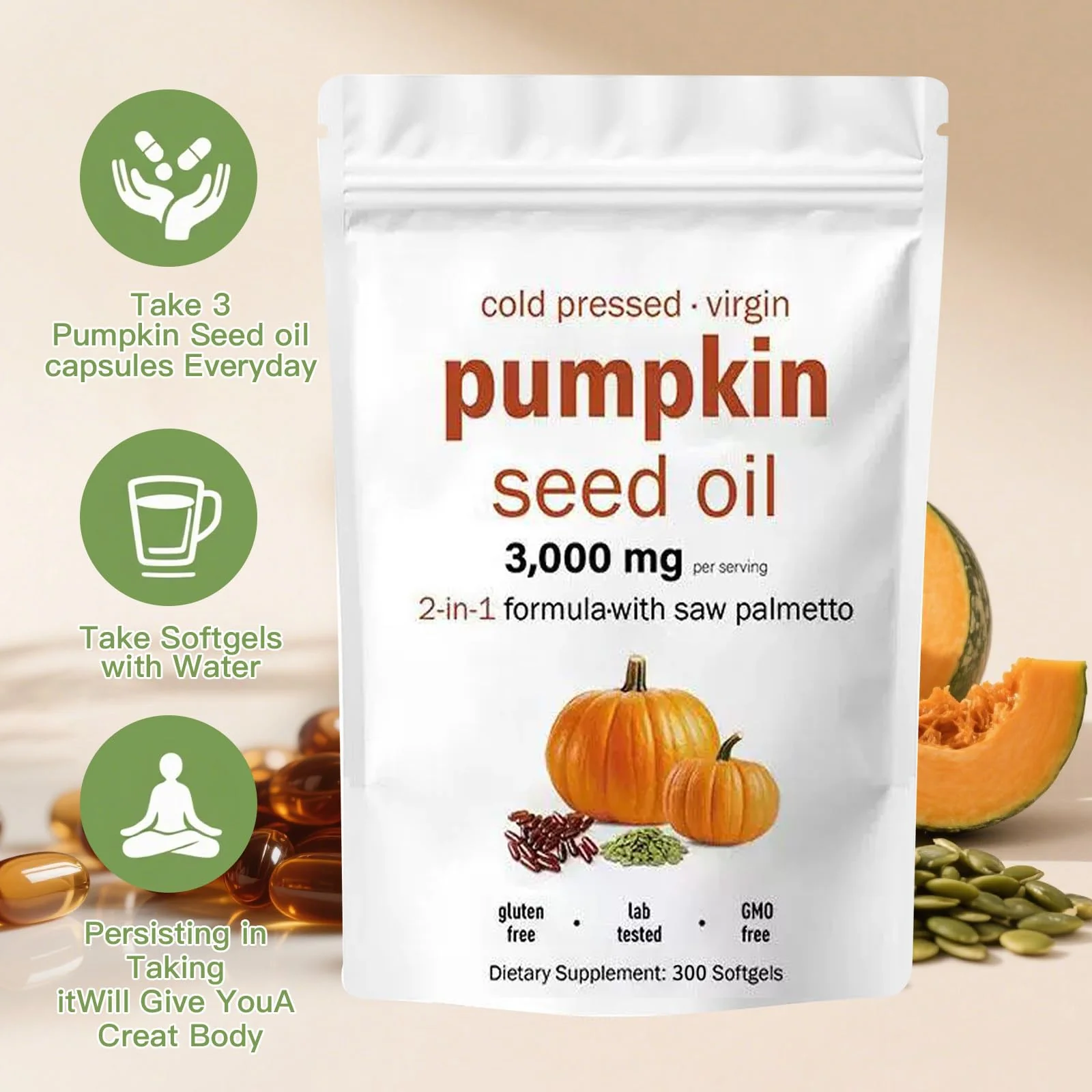 AOLBSPD Pumpkin Seed Oil Capsules with Saw Palmetto – 3000mg per Serving, 300 Softgels | Cold Pressed, Pure Virgin Oil | Supports Hair, Urinary, Bladder & Prostate Health | Non-GMO - Image 4