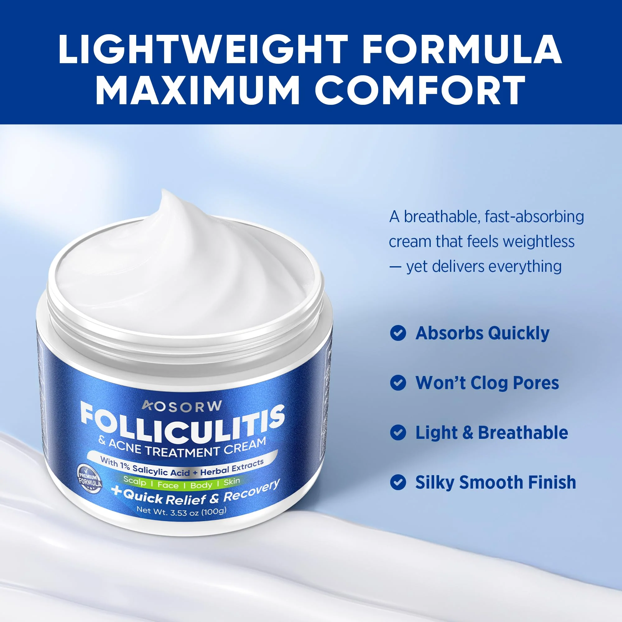AOSORW Folliculitis & Acne Treatment Cream – Salicylic Acid & Herbal Extracts for Scalp, Face, Body & Back – Soothes Irritated Skin, Redness & Itch Relief – 100g (Pack of 1) - Image 5