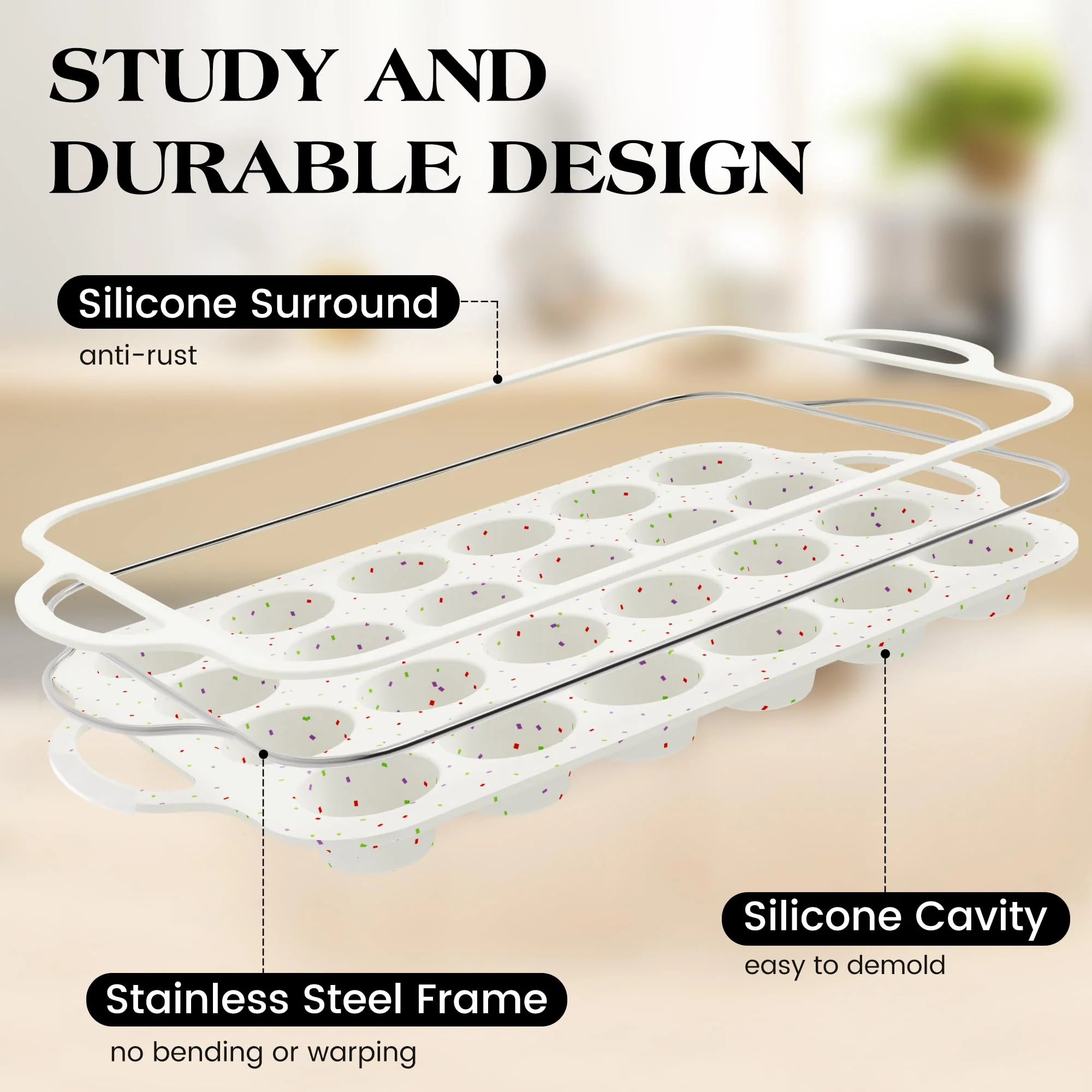 AOTASO 2 Pcs Silicone Mini Muffin Pan With Metal Frame, 24 Cups Nonstick Cupcake Tray for Baking, Small Muffin Molds with Handles (Cream) - Image 8