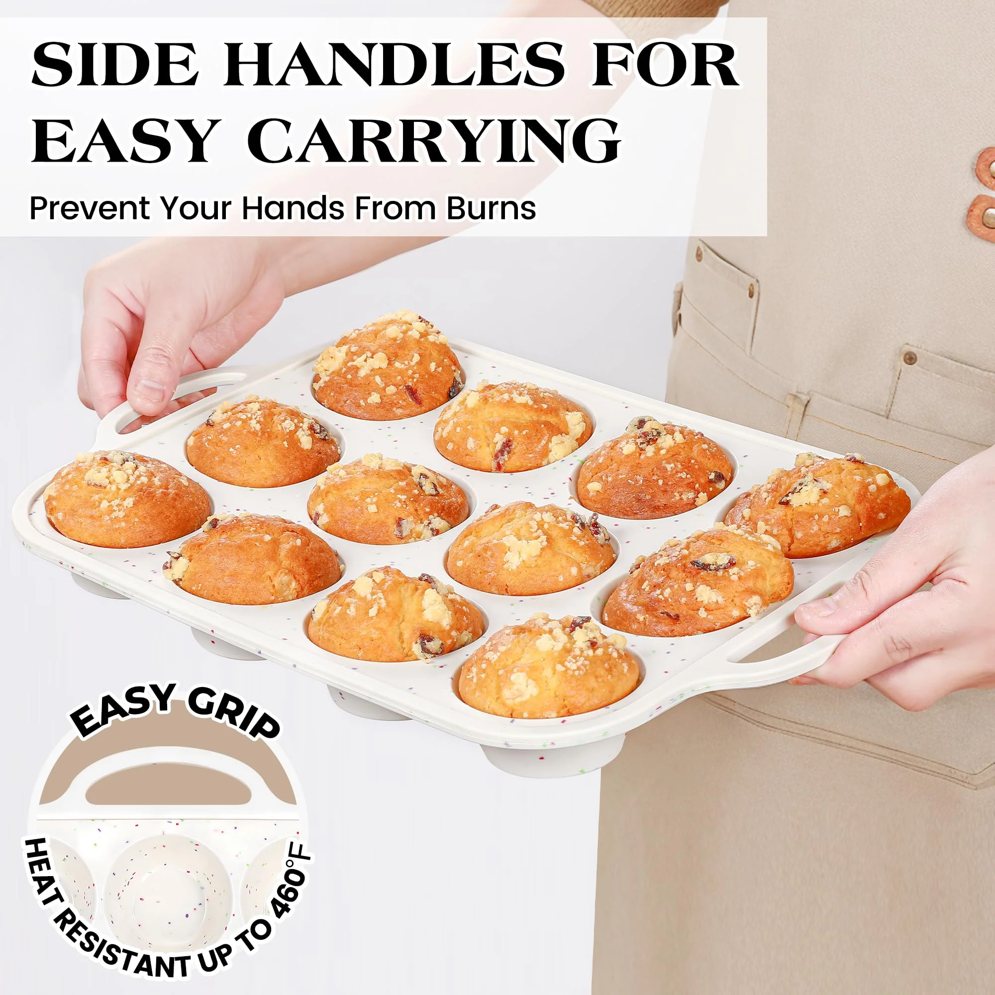 AOTASO 3 Pcs Silicone Baking Pan Set - Including Mini Loaf Pan, Standard Muffin Pan and Mini Muffin Pan - Silicone Cupcake Molds With Metal Reinforced Frame (Cream) - Image 4