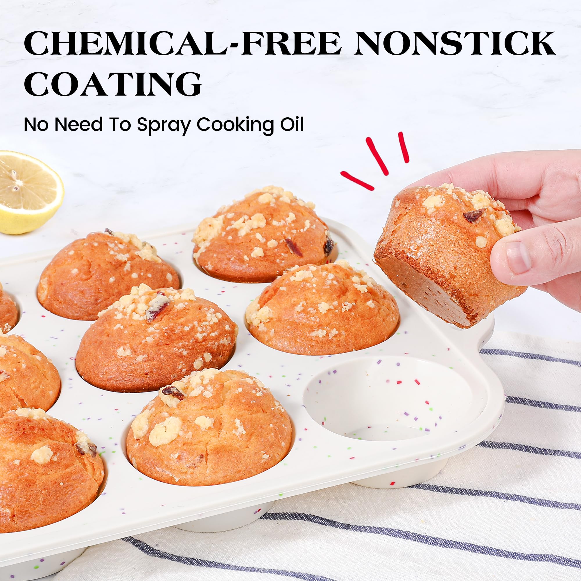 AOTASO 3 Pcs Silicone Baking Pan Set - Including Mini Loaf Pan, Standard Muffin Pan and Mini Muffin Pan - Silicone Cupcake Molds With Metal Reinforced Frame (Cream) - Image 5