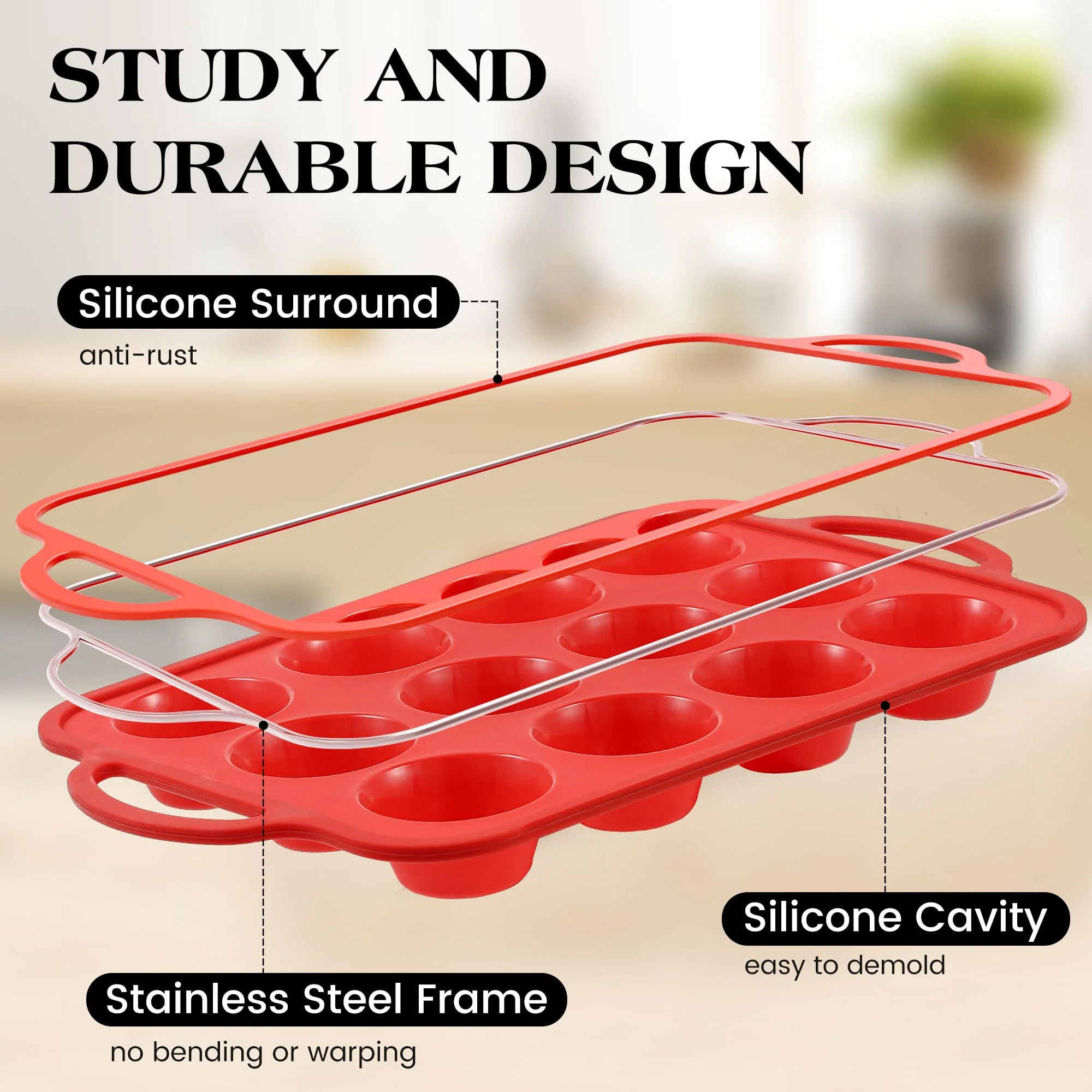 AOTASO 8 Pcs Silicone Muffin Pan Set, 12 Cup Regular & 24 Cup Mini Nonstick Muffin Tray with 6 Pcs Utensils, Silicone Muffin Pan for Baking with Metal Reinforced Frame, BPA Free (Red) - Image 2