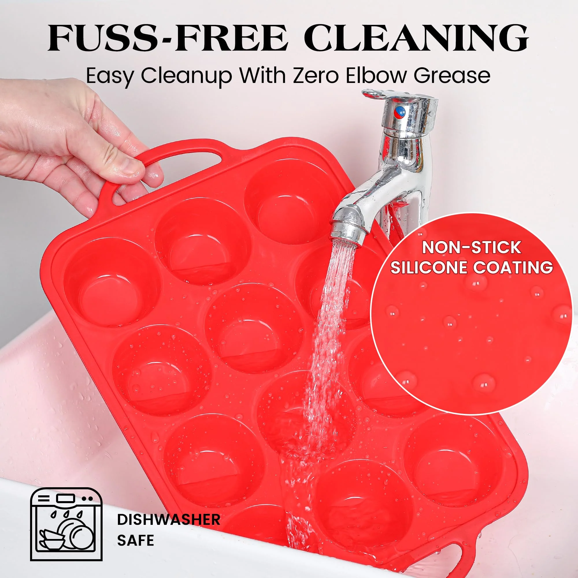 AOTASO 8 Pcs Silicone Muffin Pan Set, 12 Cup Regular & 24 Cup Mini Nonstick Muffin Tray with 6 Pcs Utensils, Silicone Muffin Pan for Baking with Metal Reinforced Frame, BPA Free (Red) - Image 3