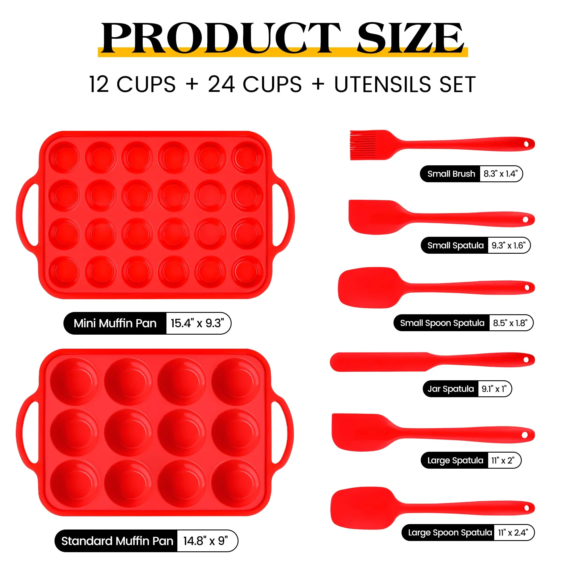AOTASO 8 Pcs Silicone Muffin Pan Set, 12 Cup Regular & 24 Cup Mini Nonstick Muffin Tray with 6 Pcs Utensils, Silicone Muffin Pan for Baking with Metal Reinforced Frame, BPA Free (Red) - Image 6