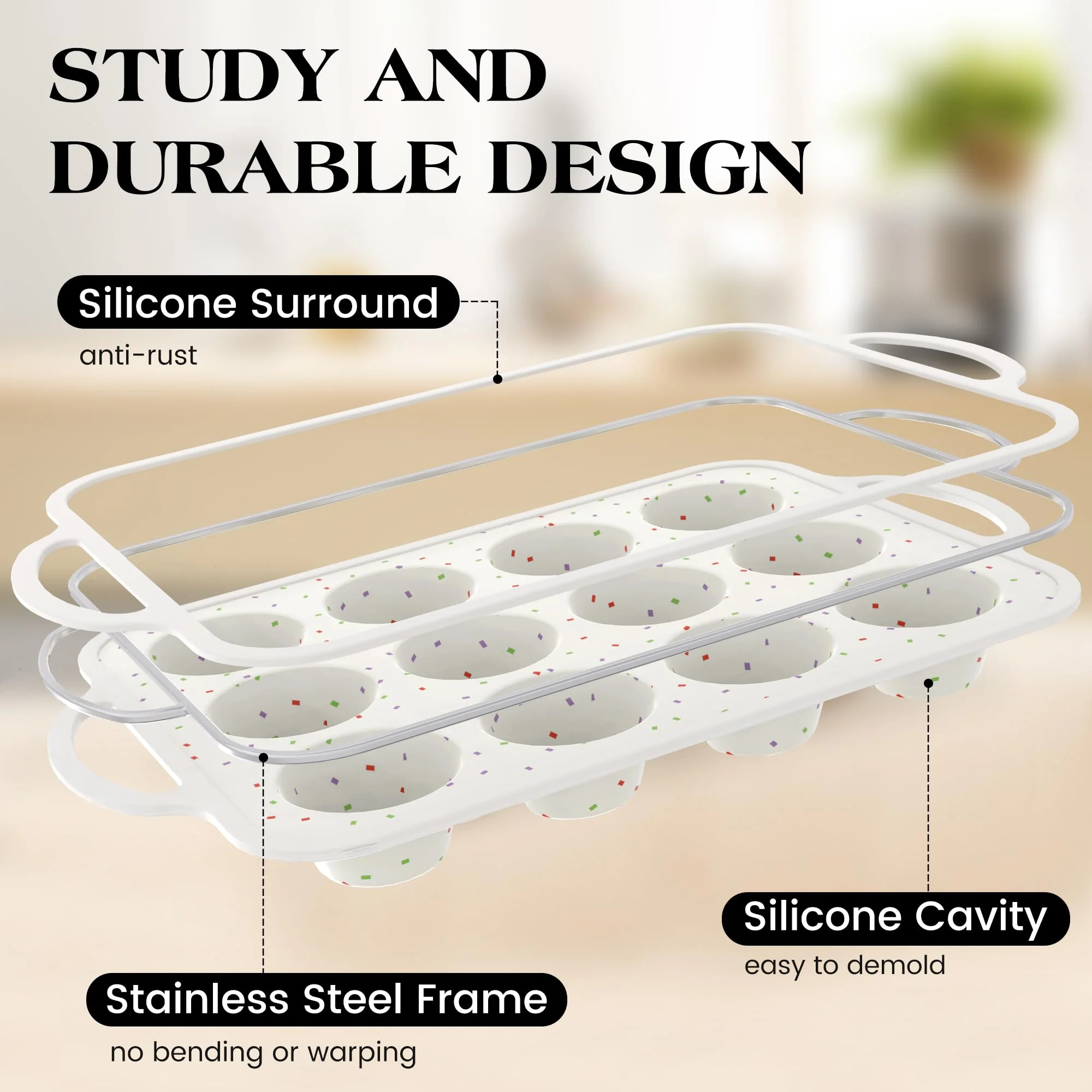 AOTASO Regular 12 Cup and Mini 24 Cup Nonstick Cupcake Pan Set Silicone Muffin Pan for Baking Silicone Cupcake Mold with Metal Reinforced Frame BPA Free (2 Pcs, Cream) - Image 3