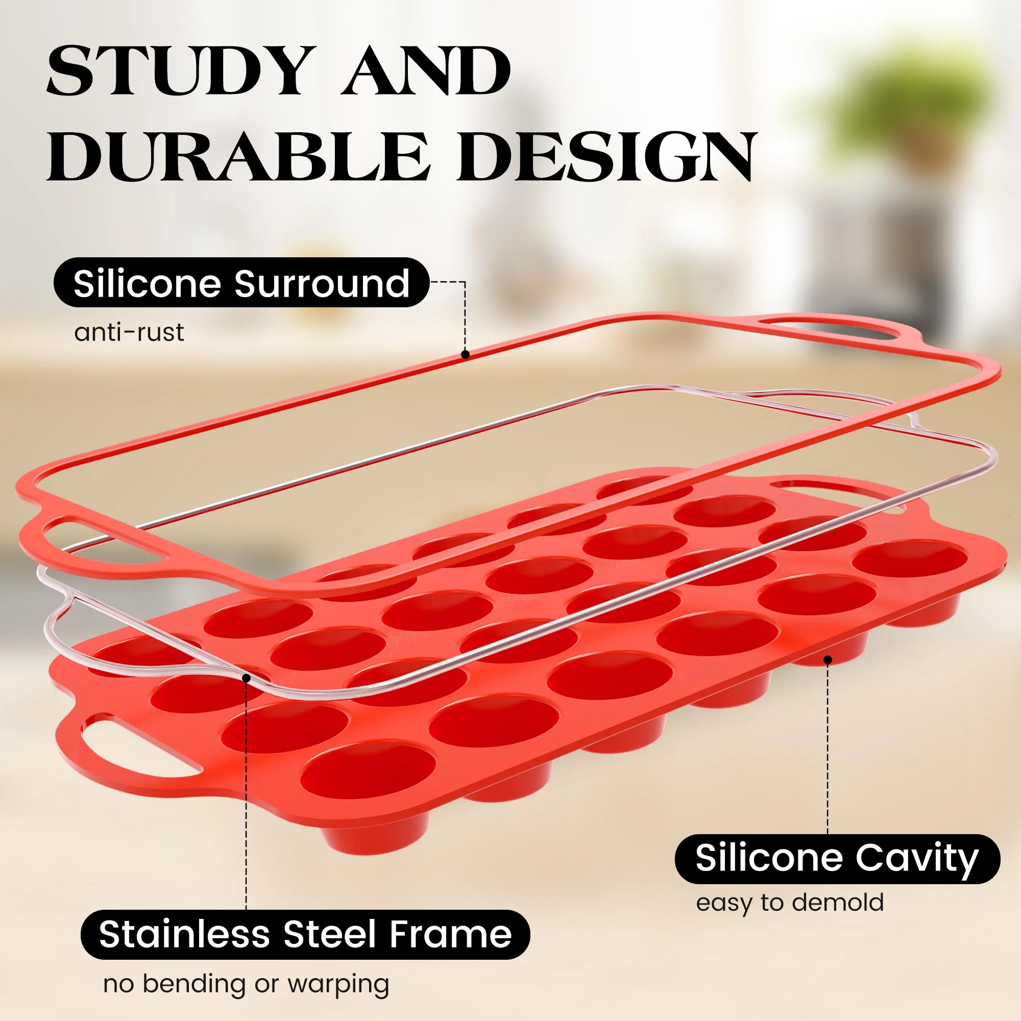 AOTASO Regular 12 Cup and Mini 24 Cup Nonstick Cupcake Pan Set Silicone Muffin Pan for Baking Silicone Cupcake Mold with Metal Reinforced Frame BPA Free (2 Pcs, Red) - Image 3
