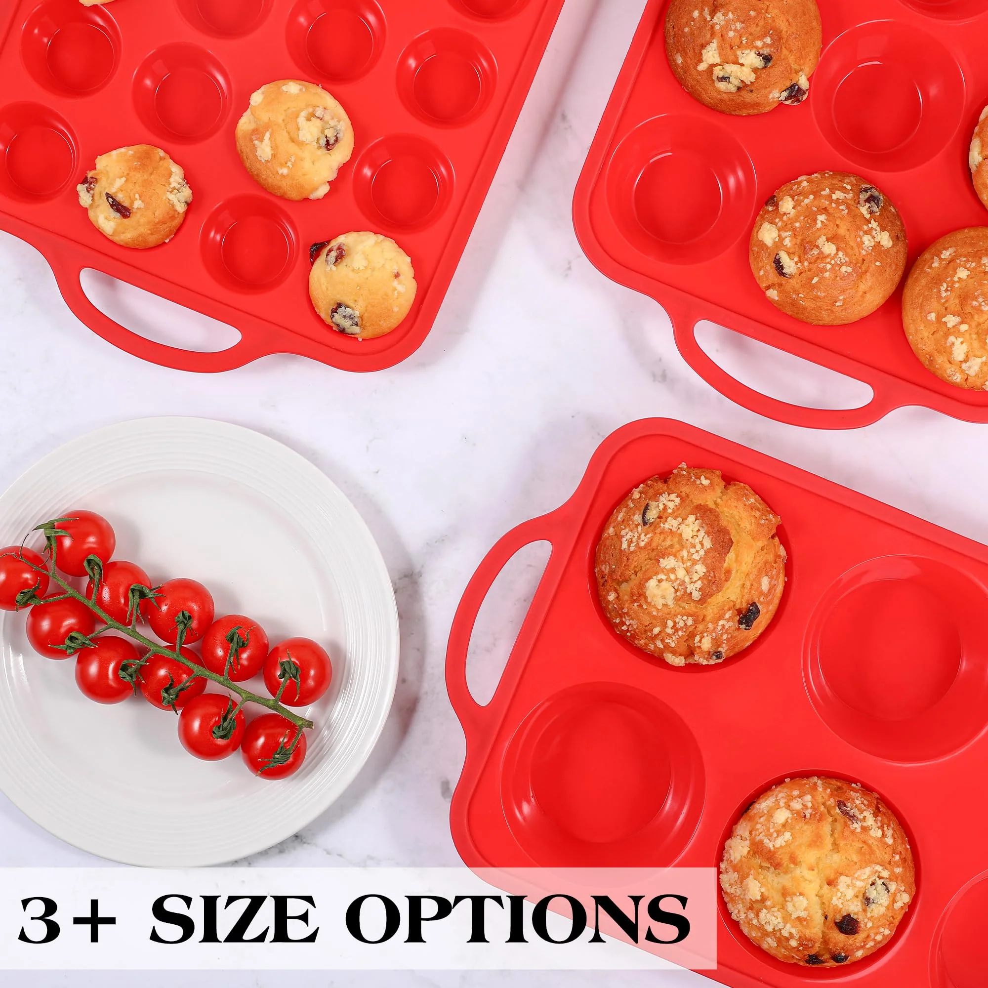AOTASO Silicone Mini Muffin Pan With Stainless Steel Reinforced Frame 24 Cups Nonstick Cupcake Molds for Baking Silicone Muffin Tray with Handles(2 Pcs, Red) - Image 2