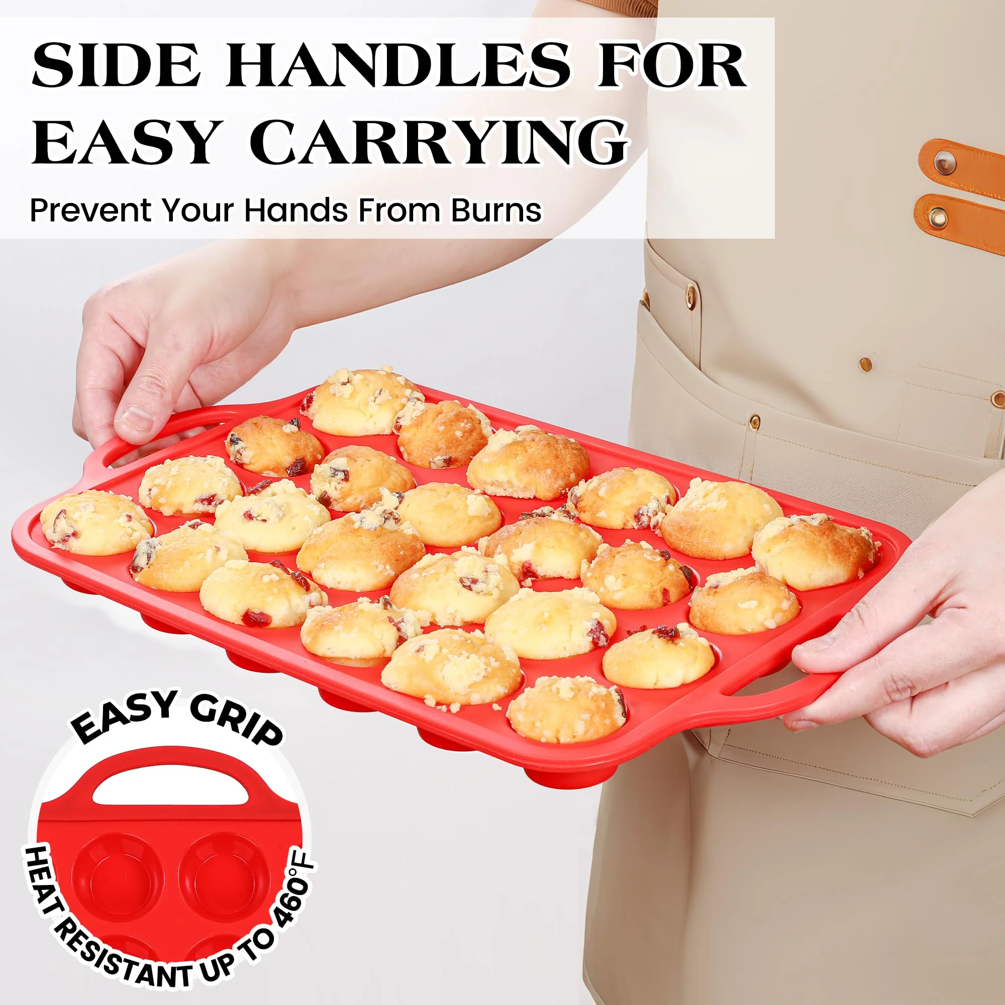 AOTASO Silicone Mini Muffin Pan With Stainless Steel Reinforced Frame 24 Cups Nonstick Cupcake Molds for Baking Silicone Muffin Tray with Handles(2 Pcs, Red) - Image 7