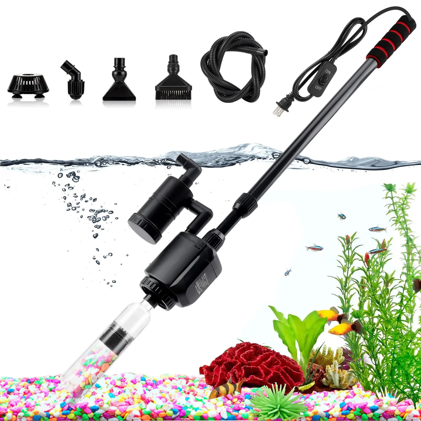 AQQA Electric Aquarium Gravel Cleaner, 6 in 1 Automatic Fish Tank Cleaning Tools Gravel Vacuum for Aquarium, Suitable for Change Water Wash Sand Water Filter and Water Circulation (320GPH, 20W) - Image 2