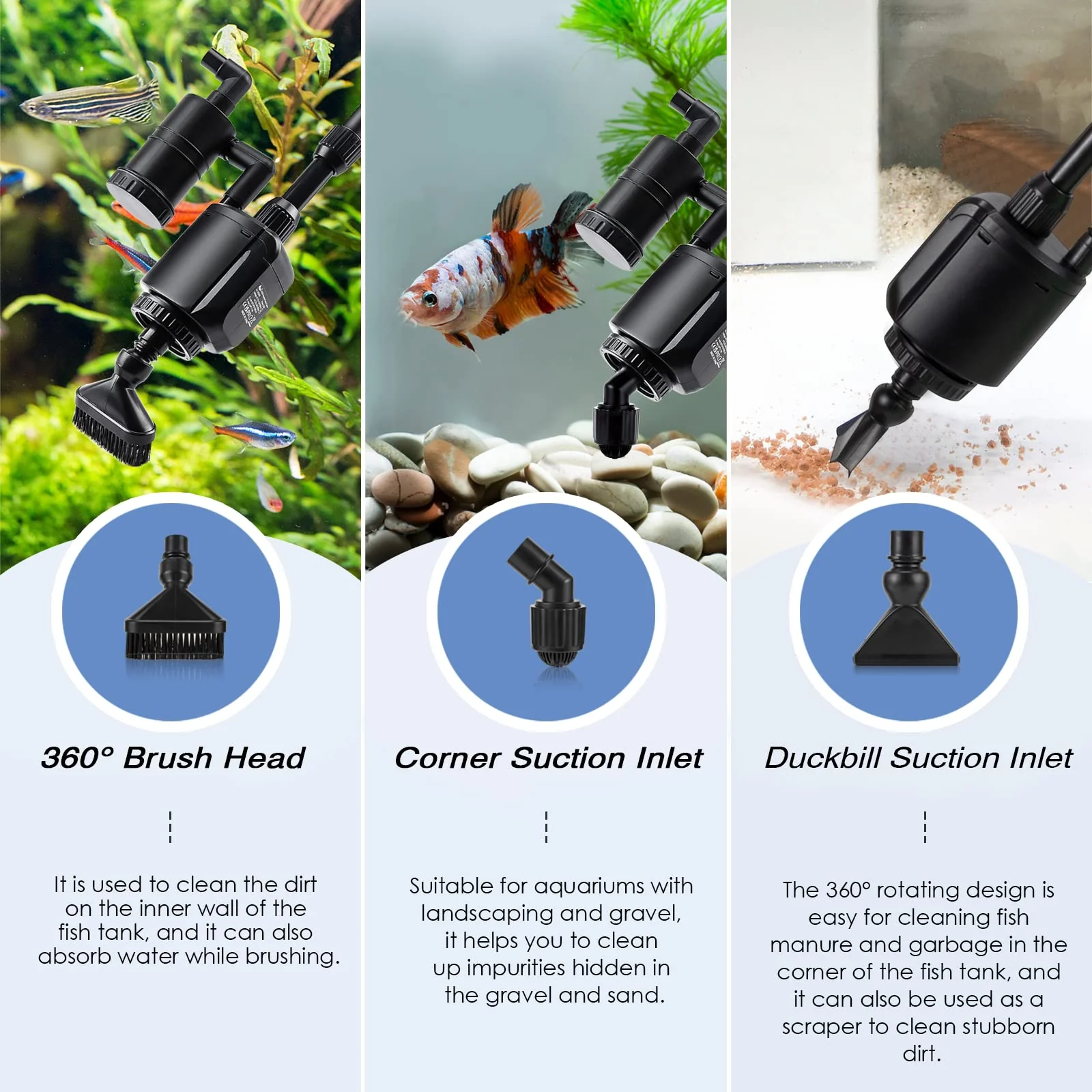AQQA Electric Aquarium Gravel Cleaner, 6 in 1 Automatic Fish Tank Cleaning Tools Gravel Vacuum for Aquarium, Suitable for Change Water Wash Sand Water Filter and Water Circulation (320GPH, 20W) - Image 4